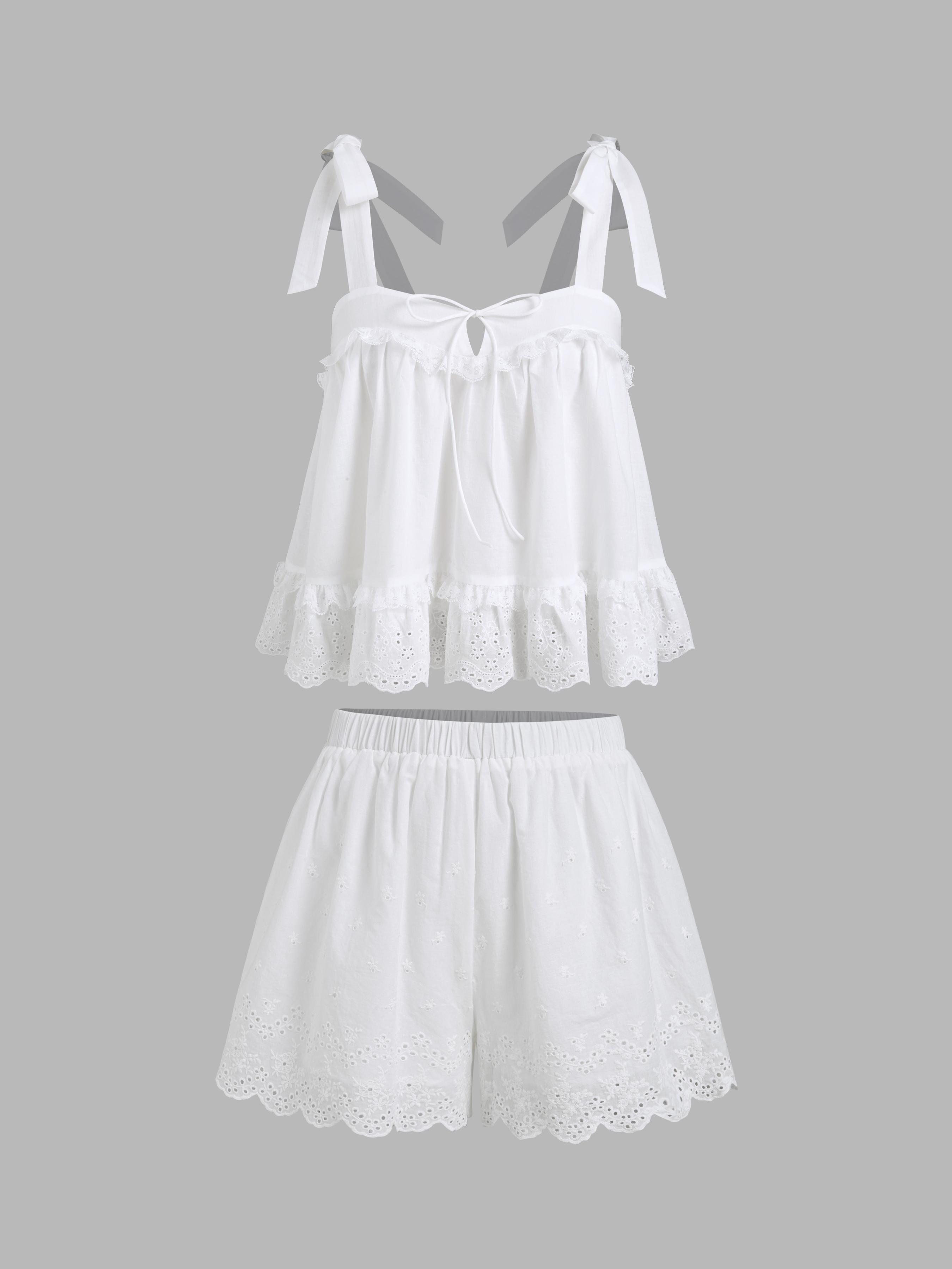Cotton Broderie Anglaise Lace Trim Bowknot Top & Mid Rise Elastic Waist Shorts Set by CIDER