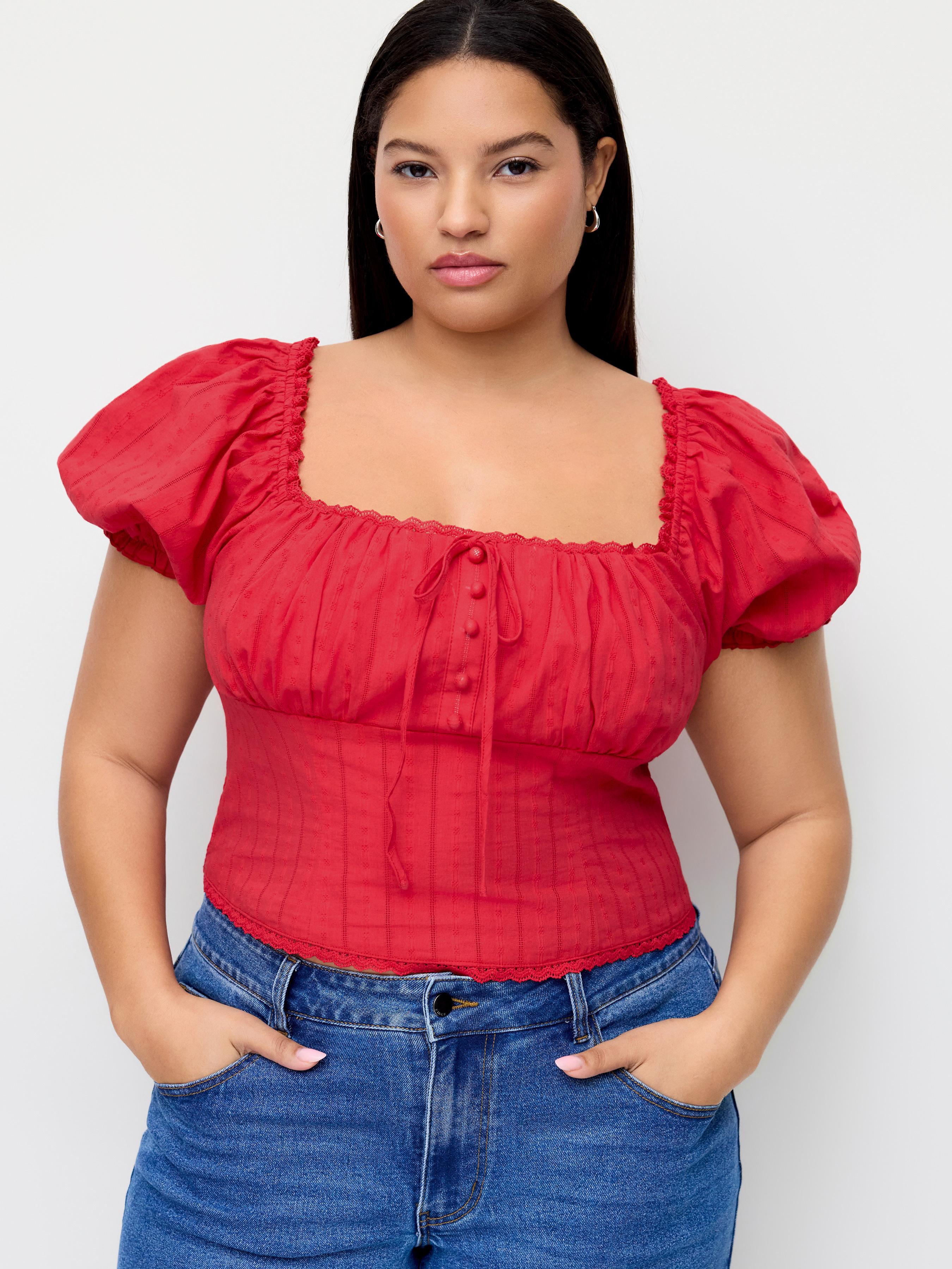 Cotton Broderie Anglaise Puff Sleeve Crop Blouse Curve & Plus by CIDER