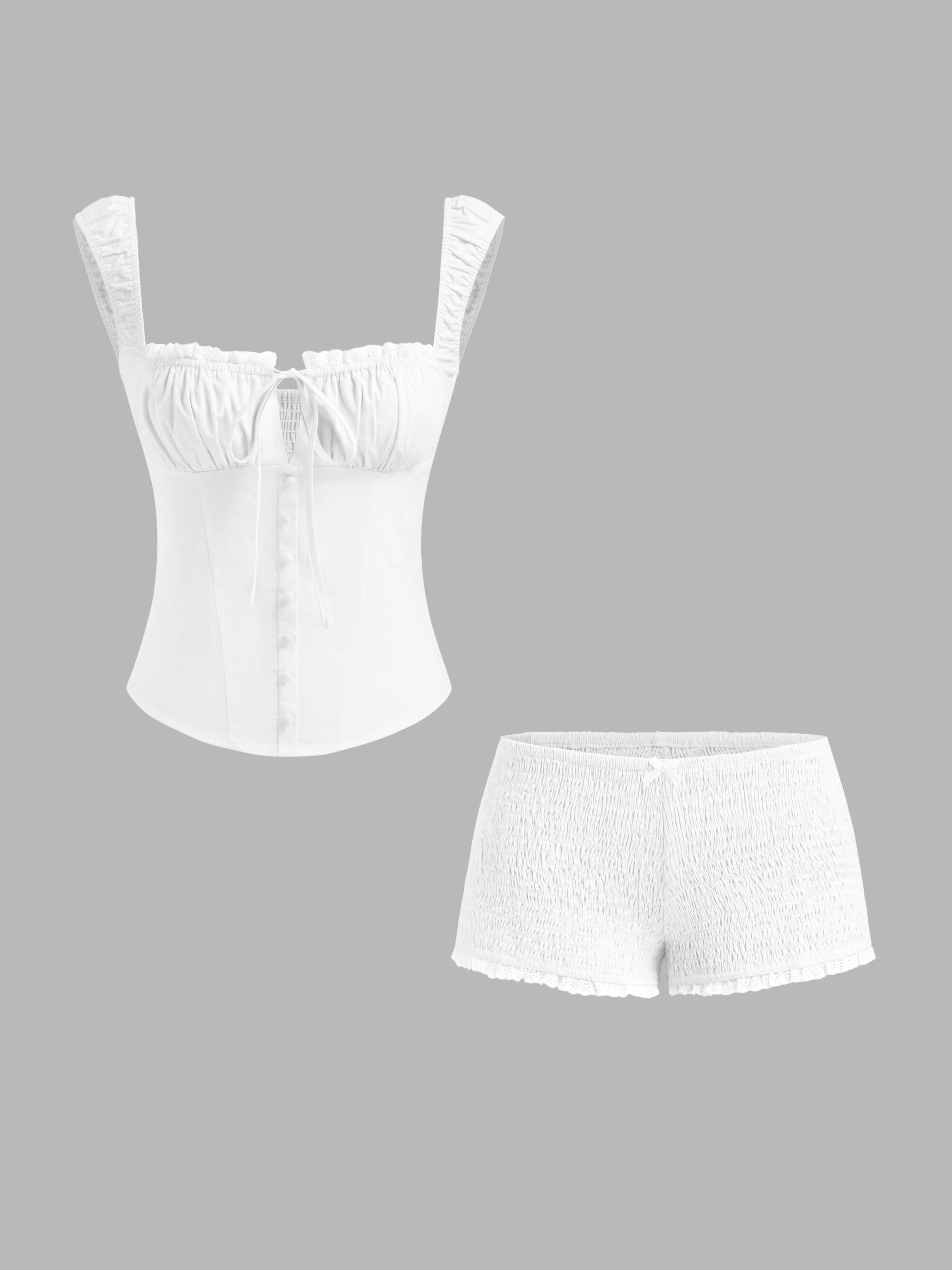 Cotton Broderie Anglaise Trim Tank Top & Low Rise Shirred Bowknot Shorts Set by CIDER