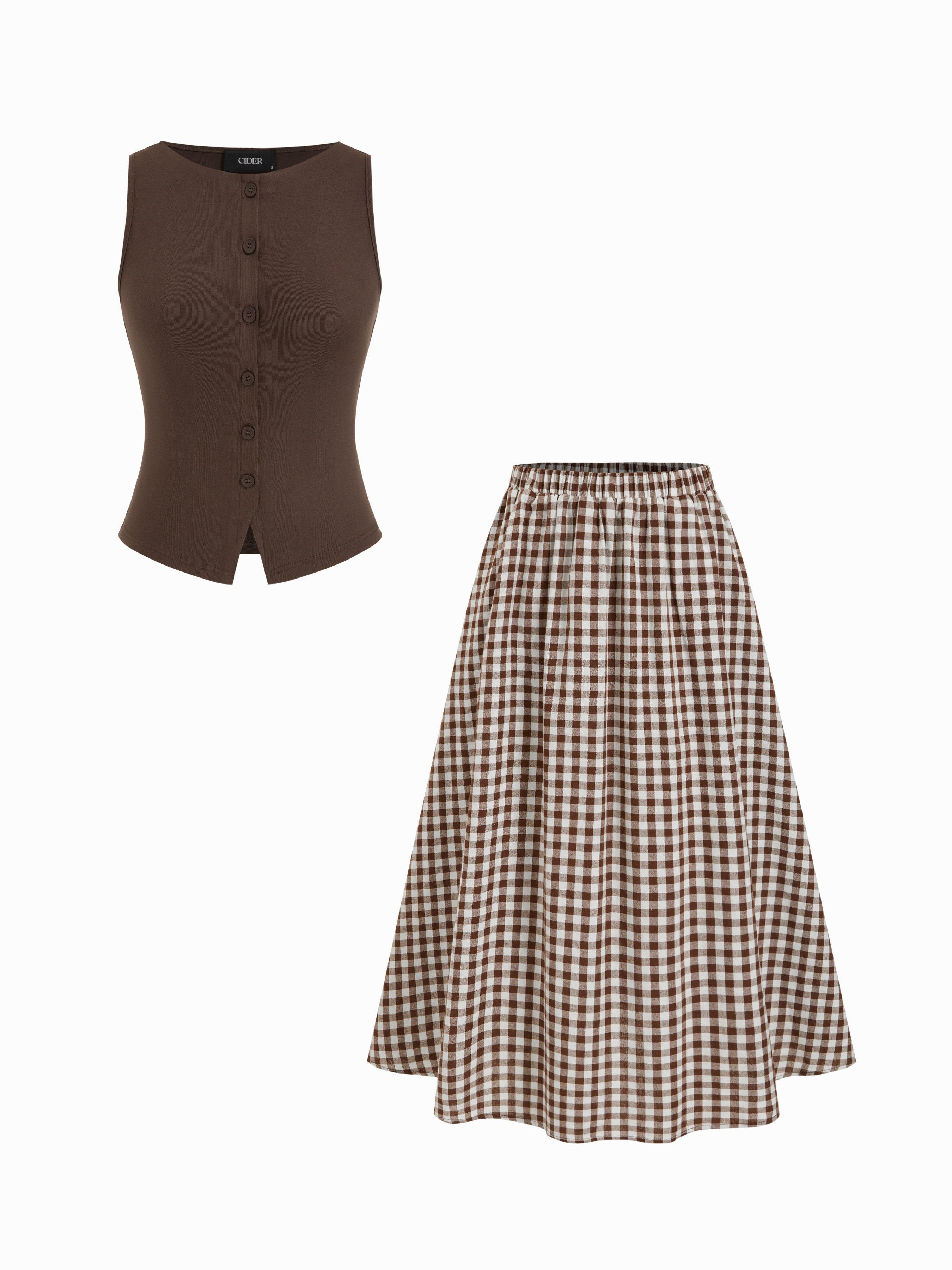 Cotton Button Top &  Gingham A-line Maxi Skirt Set by CIDER