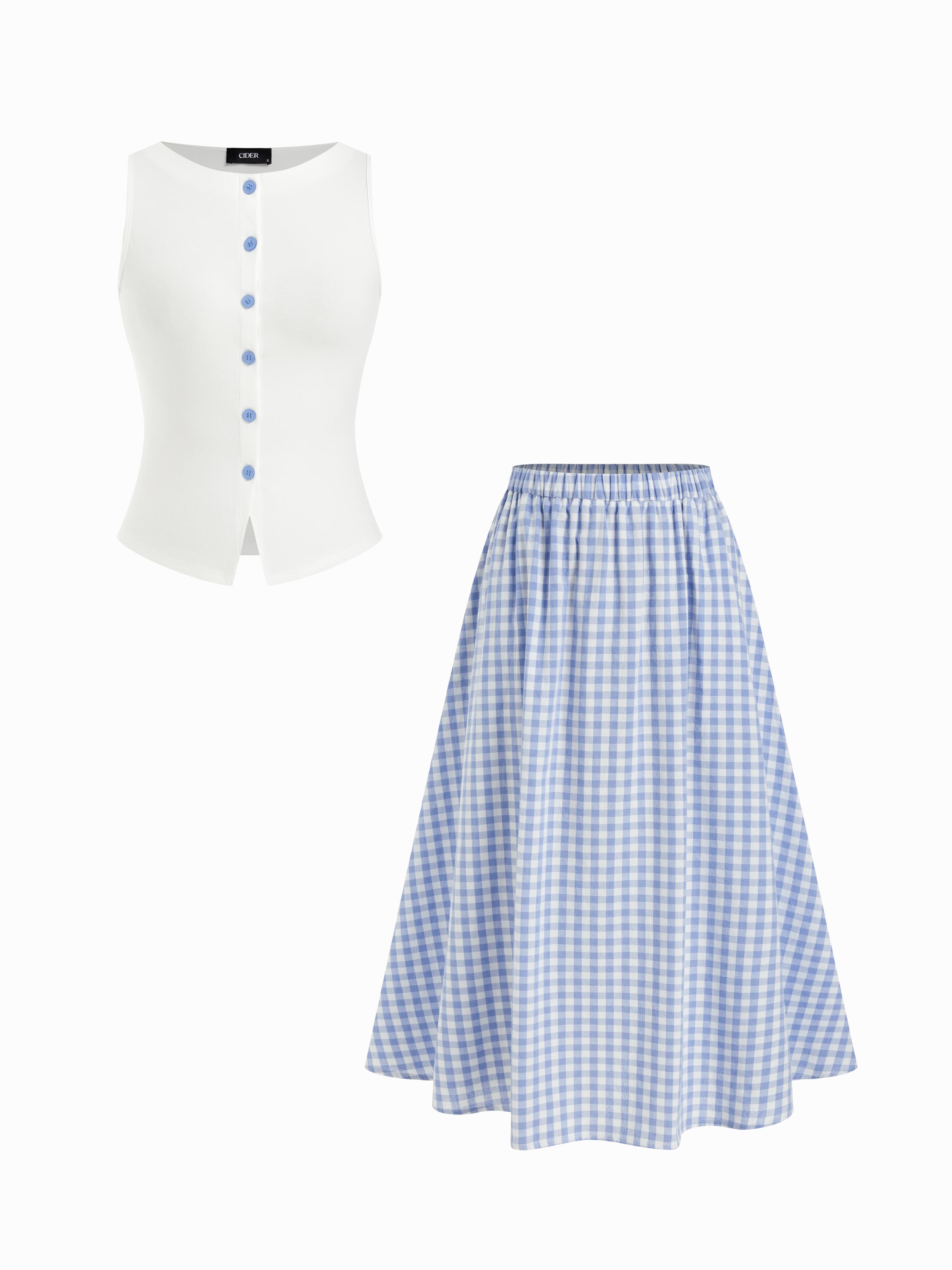 Cotton Button Top &  Gingham A-line Maxi Skirt Set by CIDER