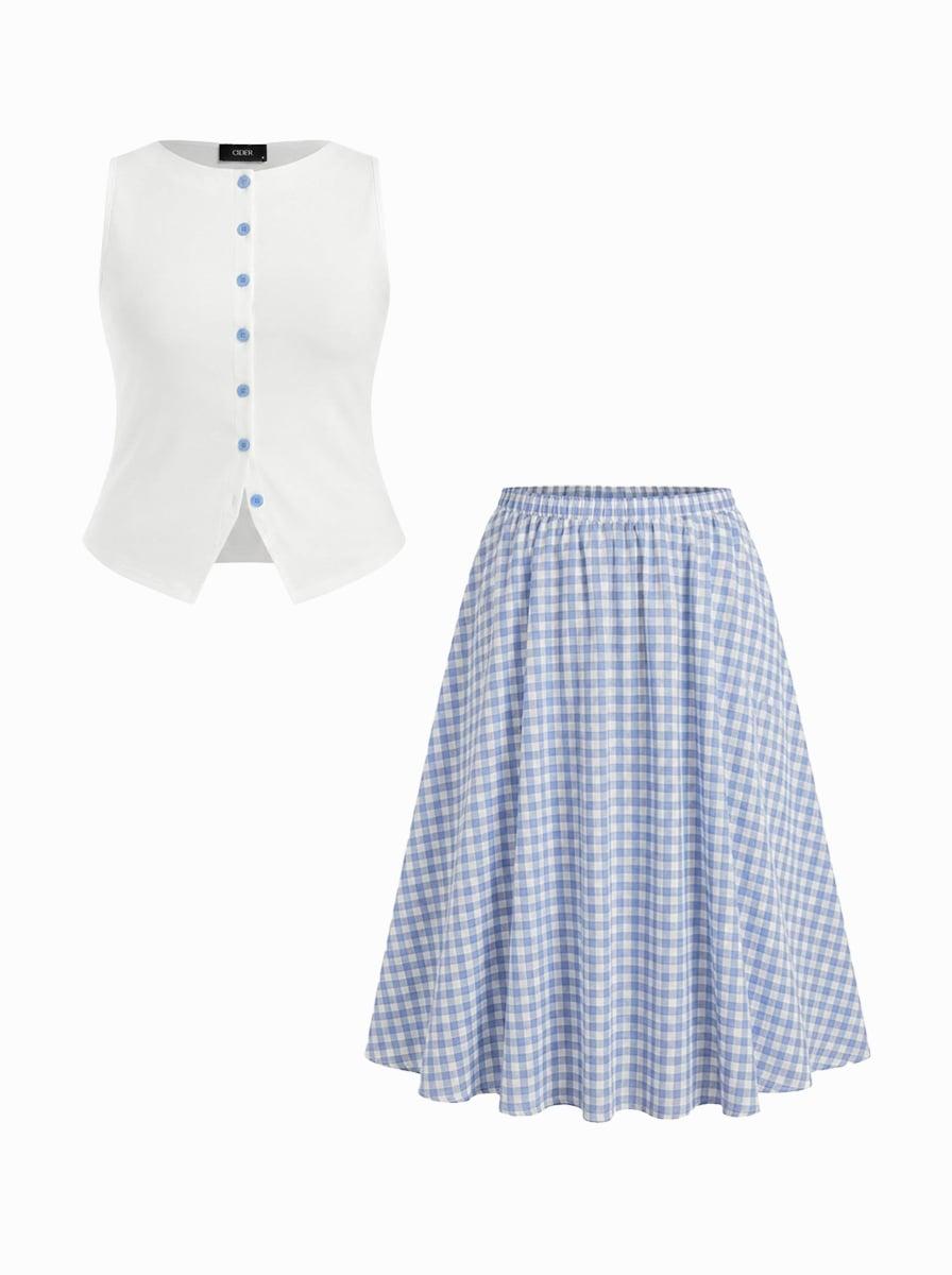 Cotton Button Top & Gingham A-line Maxi Skirt Set Curve & Plus by CIDER