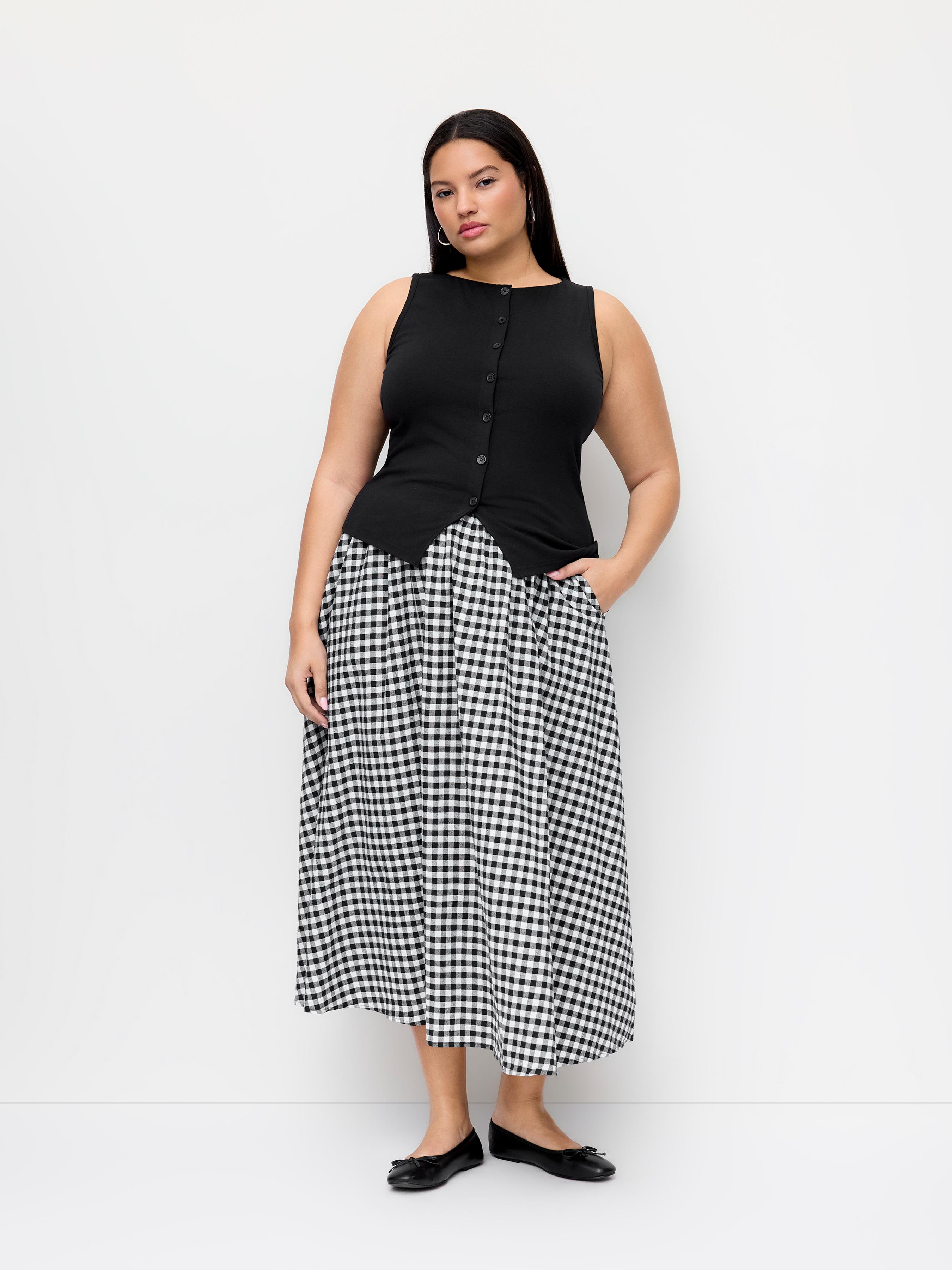 Cotton Button Top & Gingham A-line Maxi Skirt Set Curve & Plus by CIDER