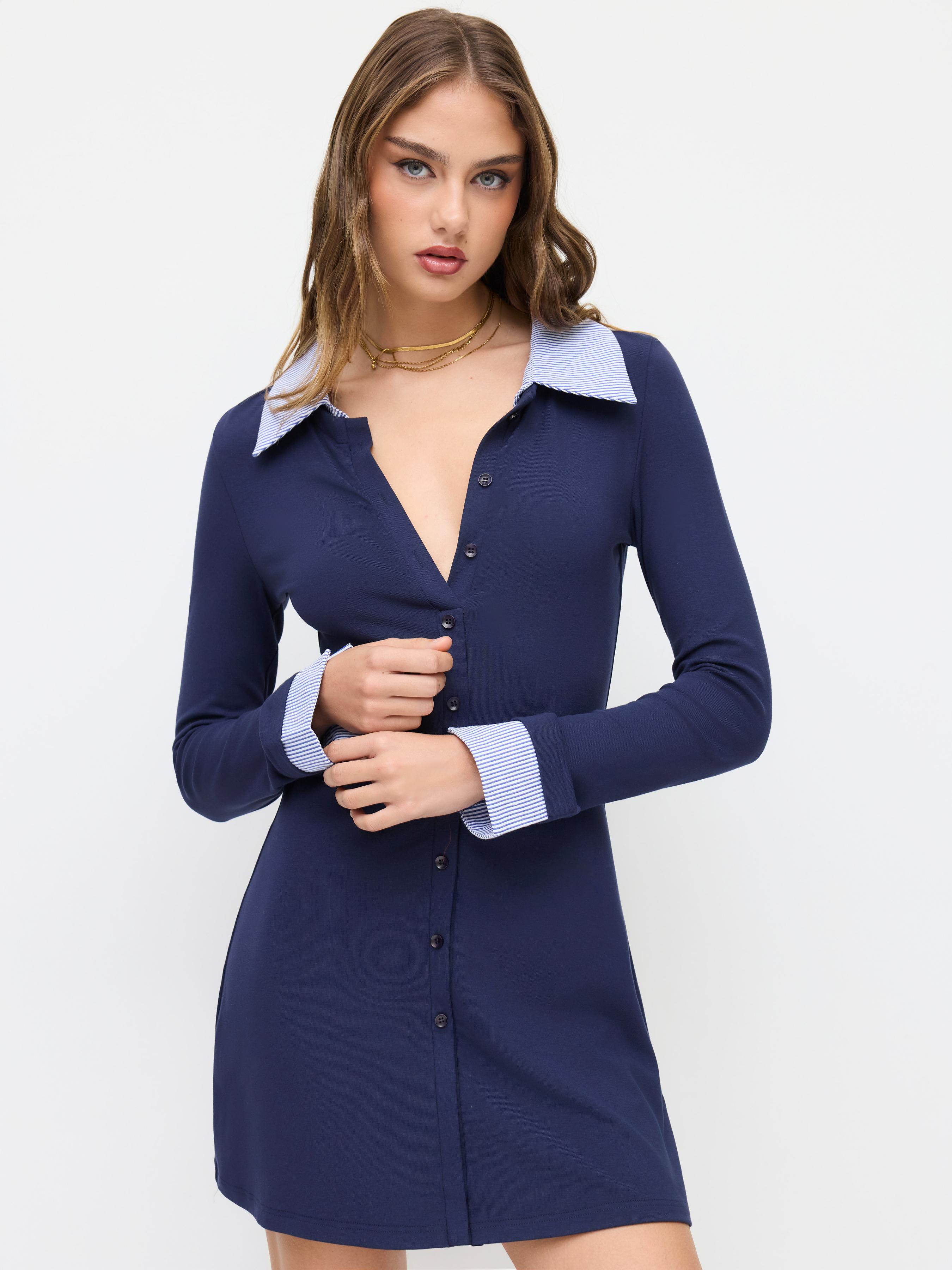 Cotton Collar Long Sleeve Two Tone Striped Mini Dress by CIDER
