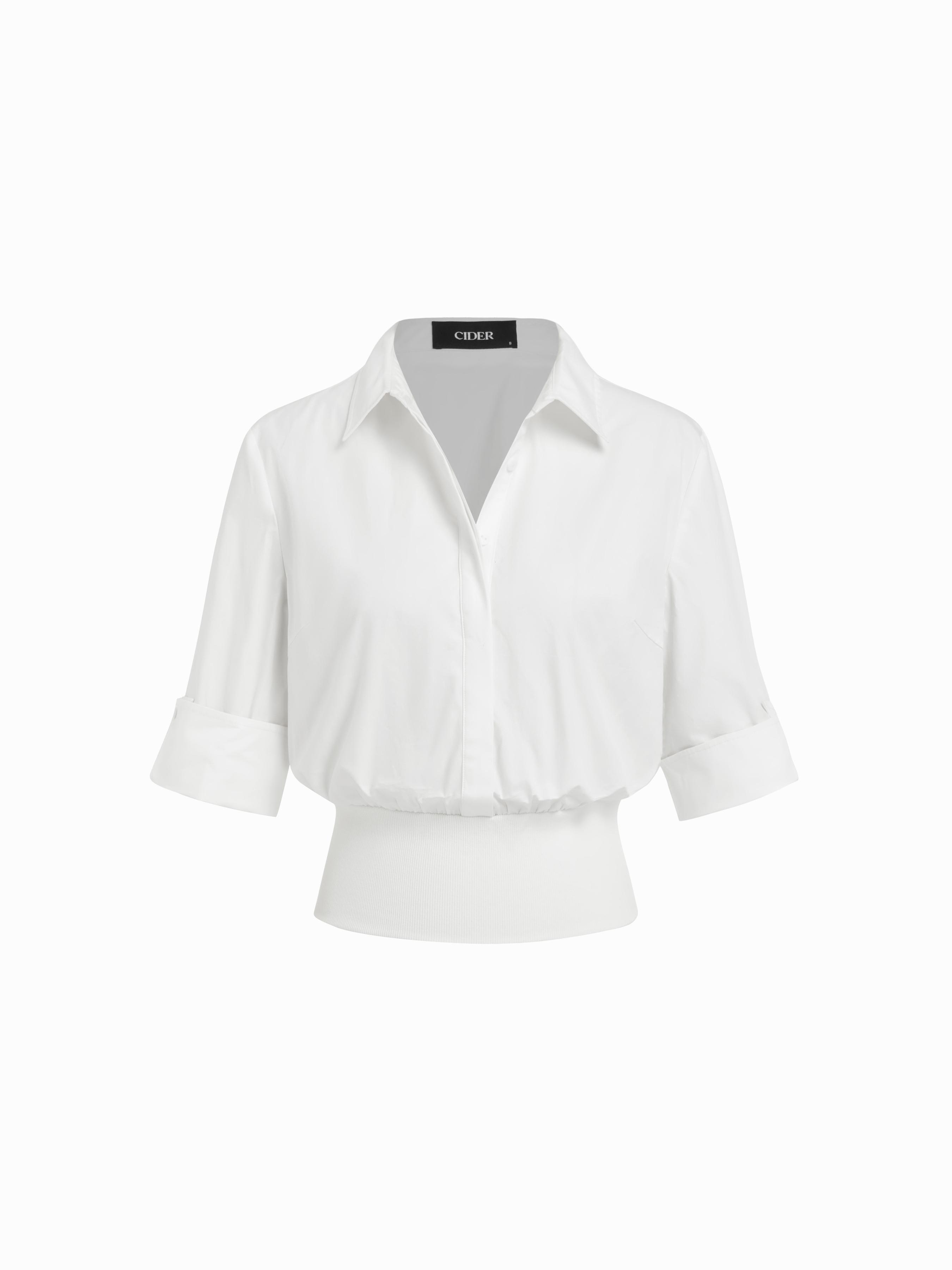 Cotton Collar Middle Sleeve Shirred Hem Shirt by CIDER