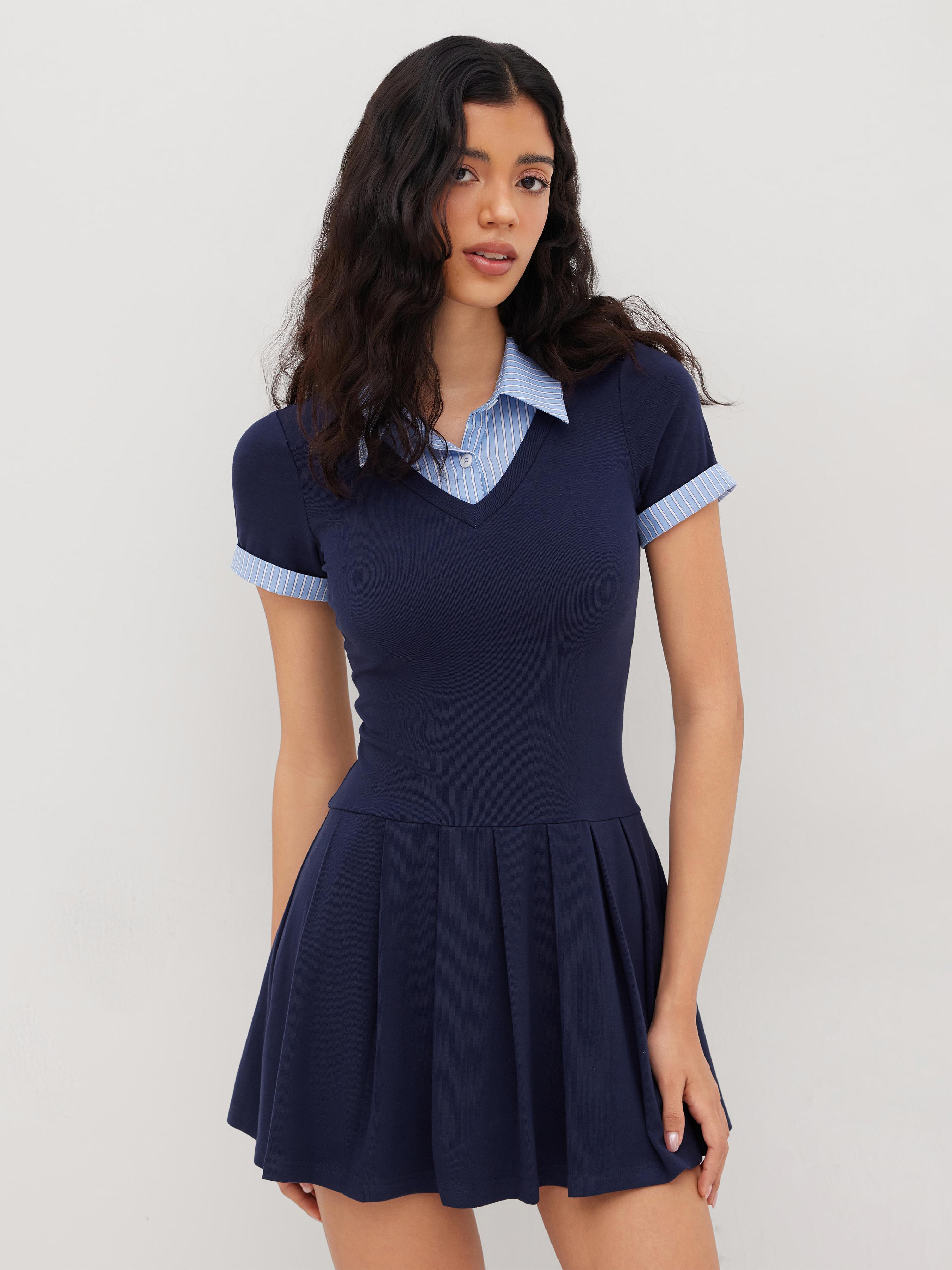 Cotton Collar Stripe Pleated Two Tone Mini Dress by CIDER