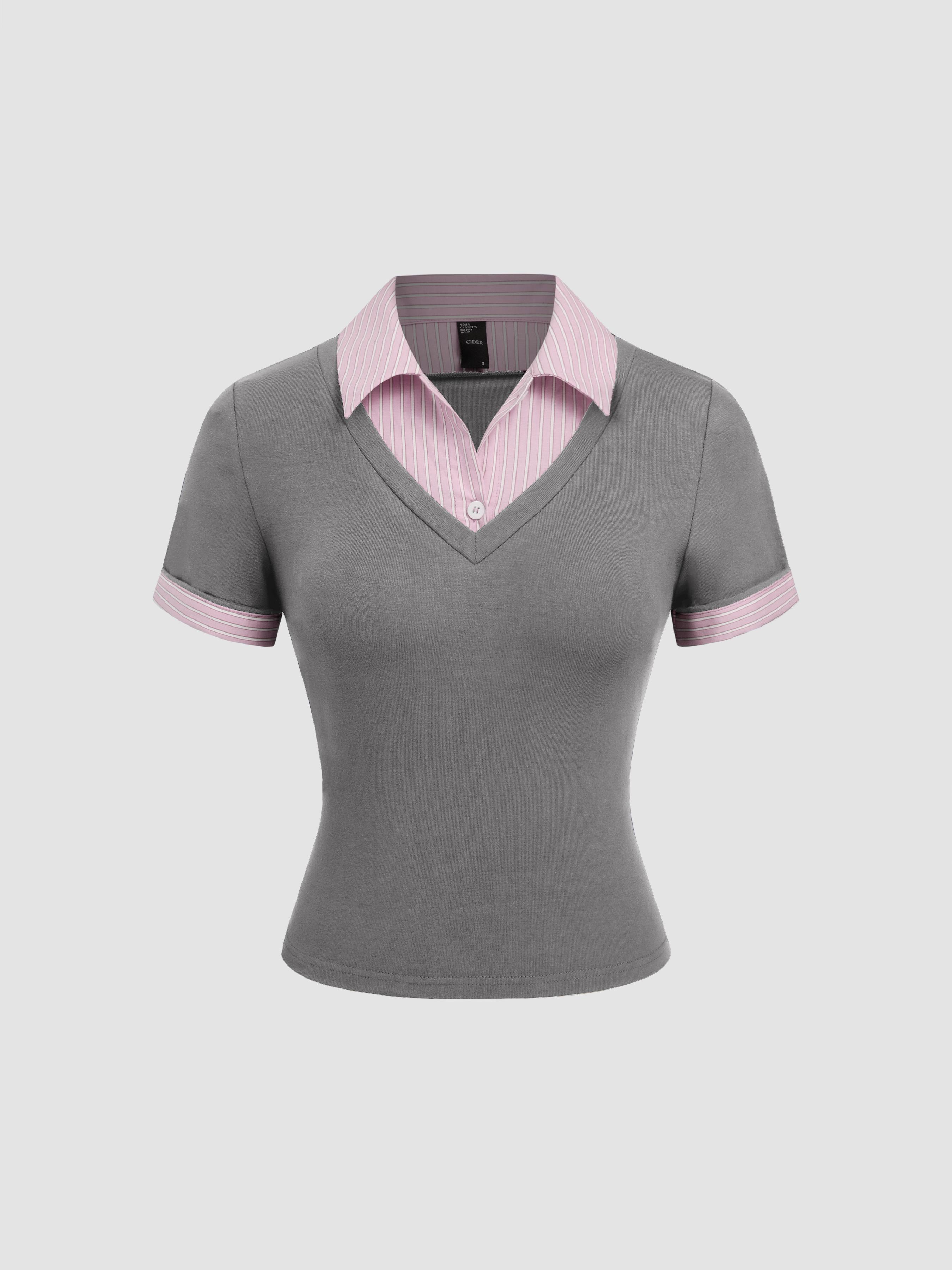 Cotton Collar Stripe Two Tone Short Sleeve Top by CIDER