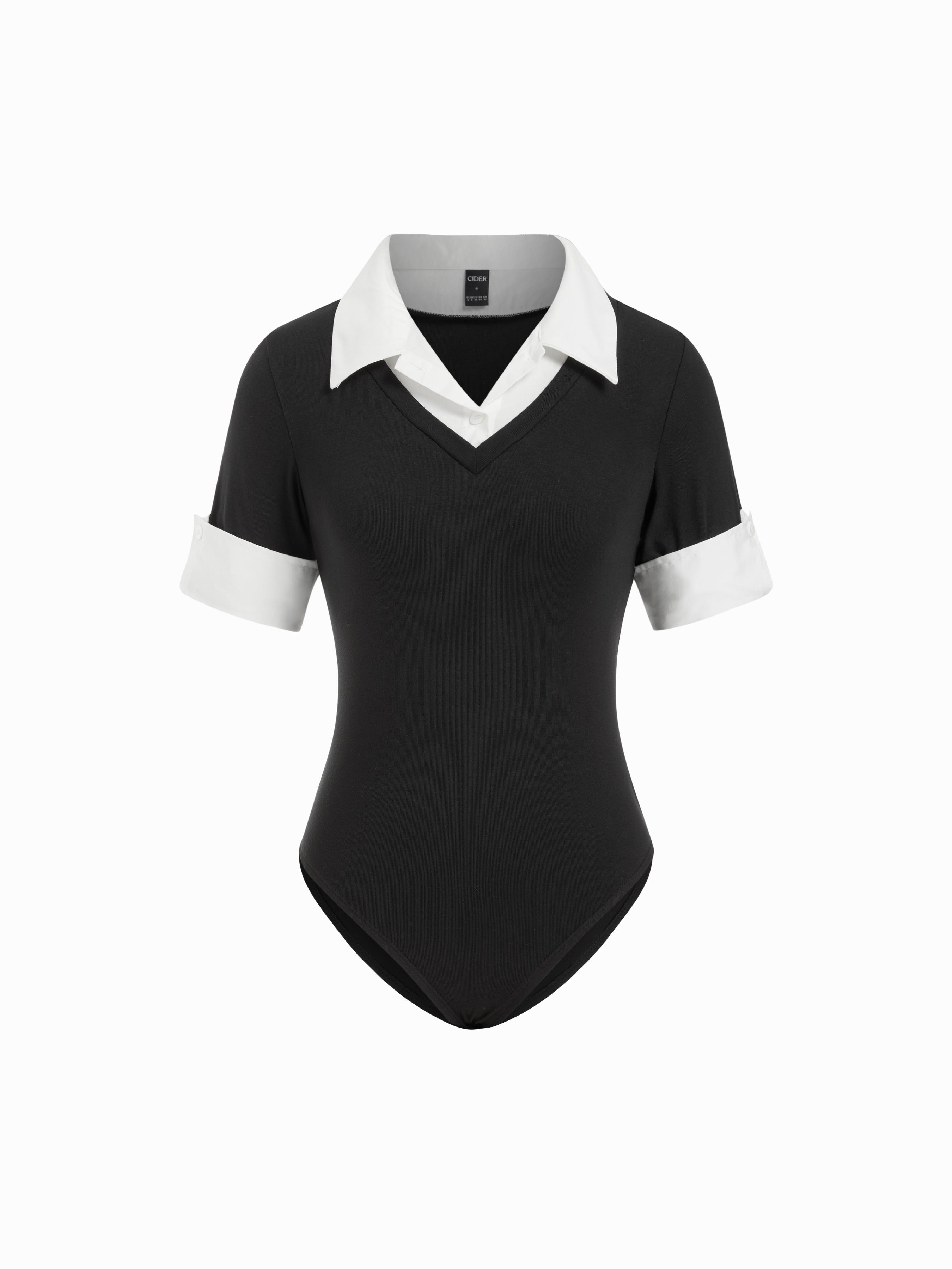 Cotton Collar V-Neck Short Sleeve Two Tone Bodysuit by CIDER