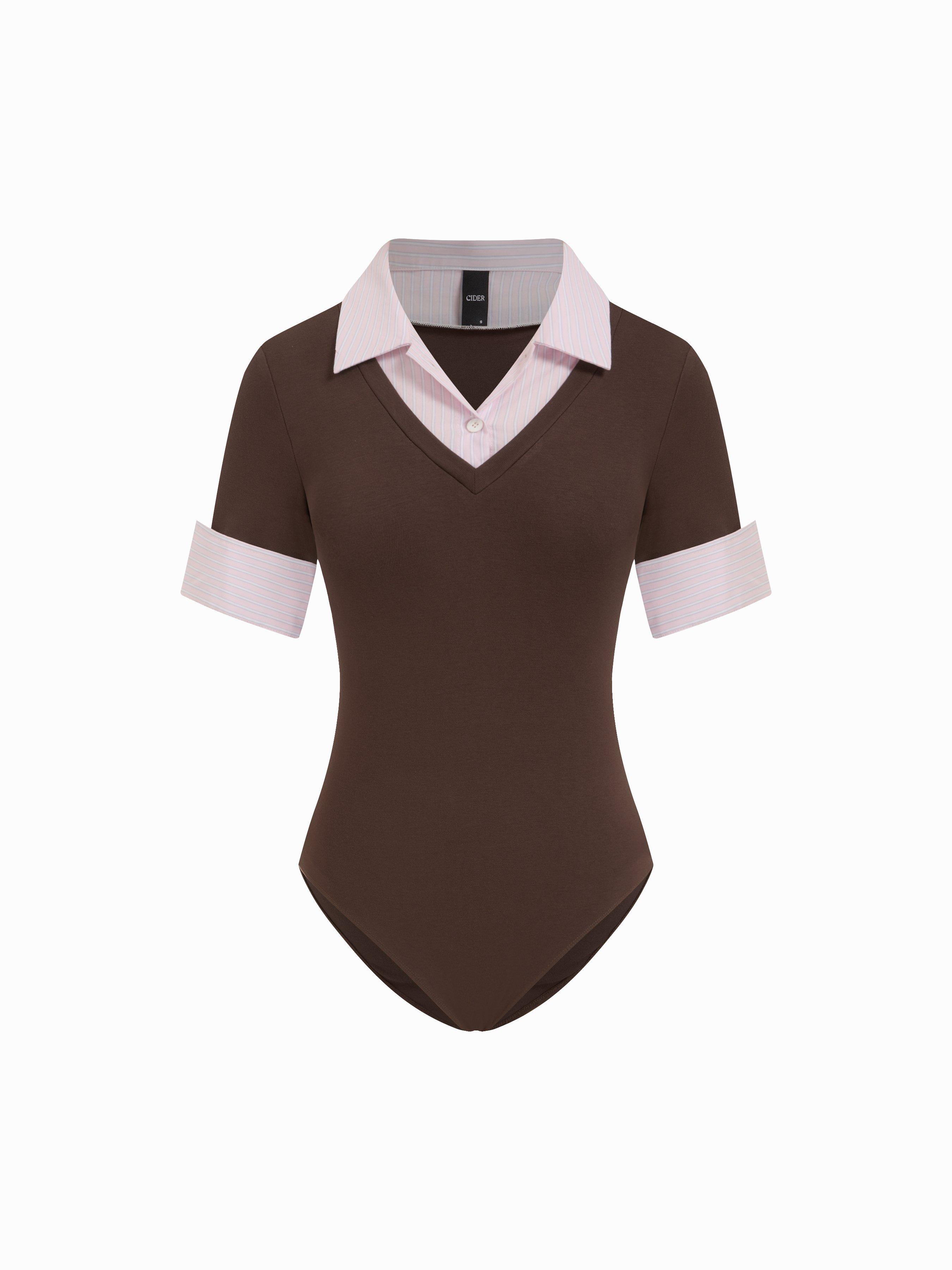 Cotton Collar V-Neck Short Sleeve Two Tone Bodysuit by CIDER