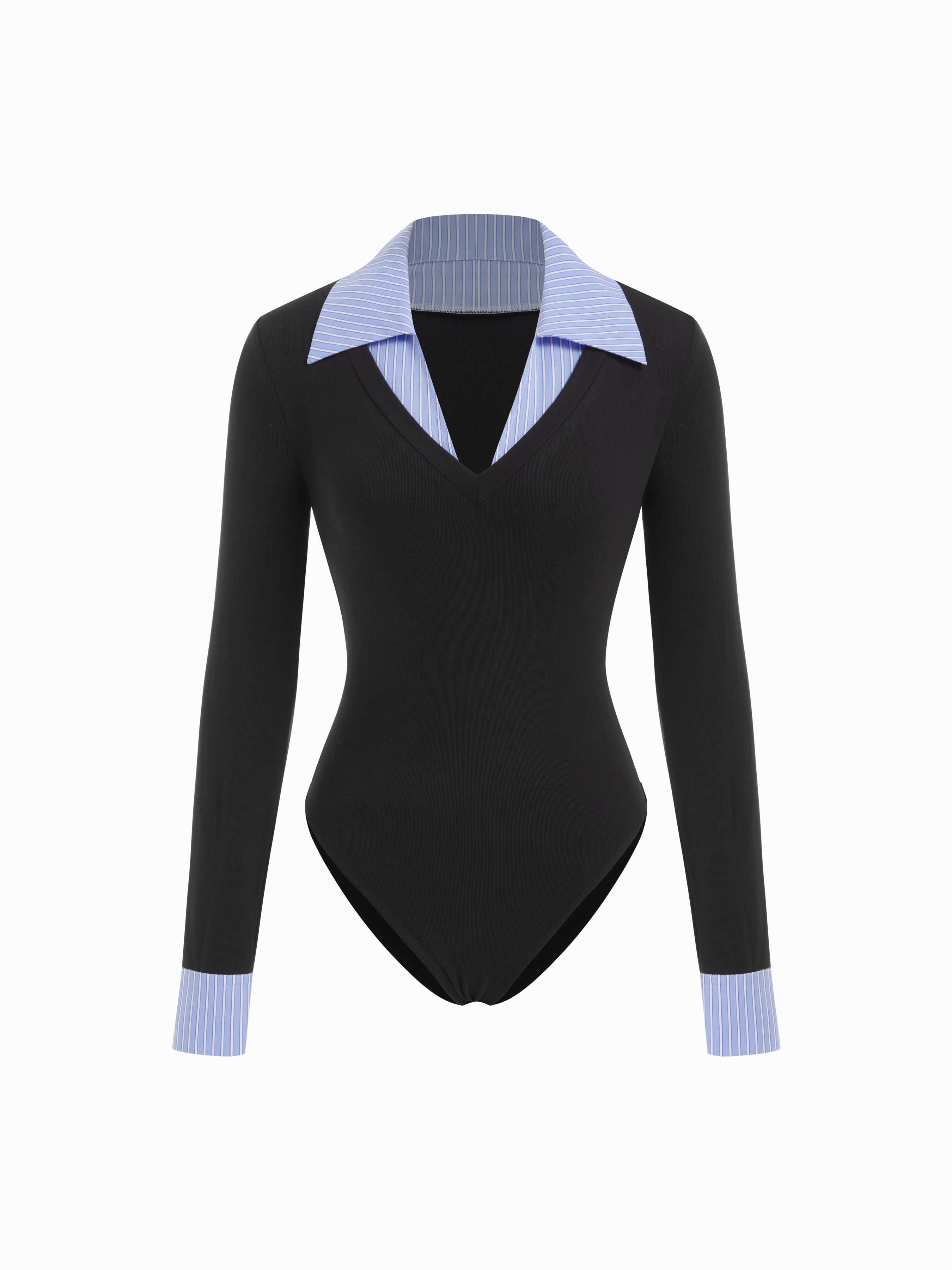 Cotton Collar V-neck Two Tone Striped Bodysuit by CIDER