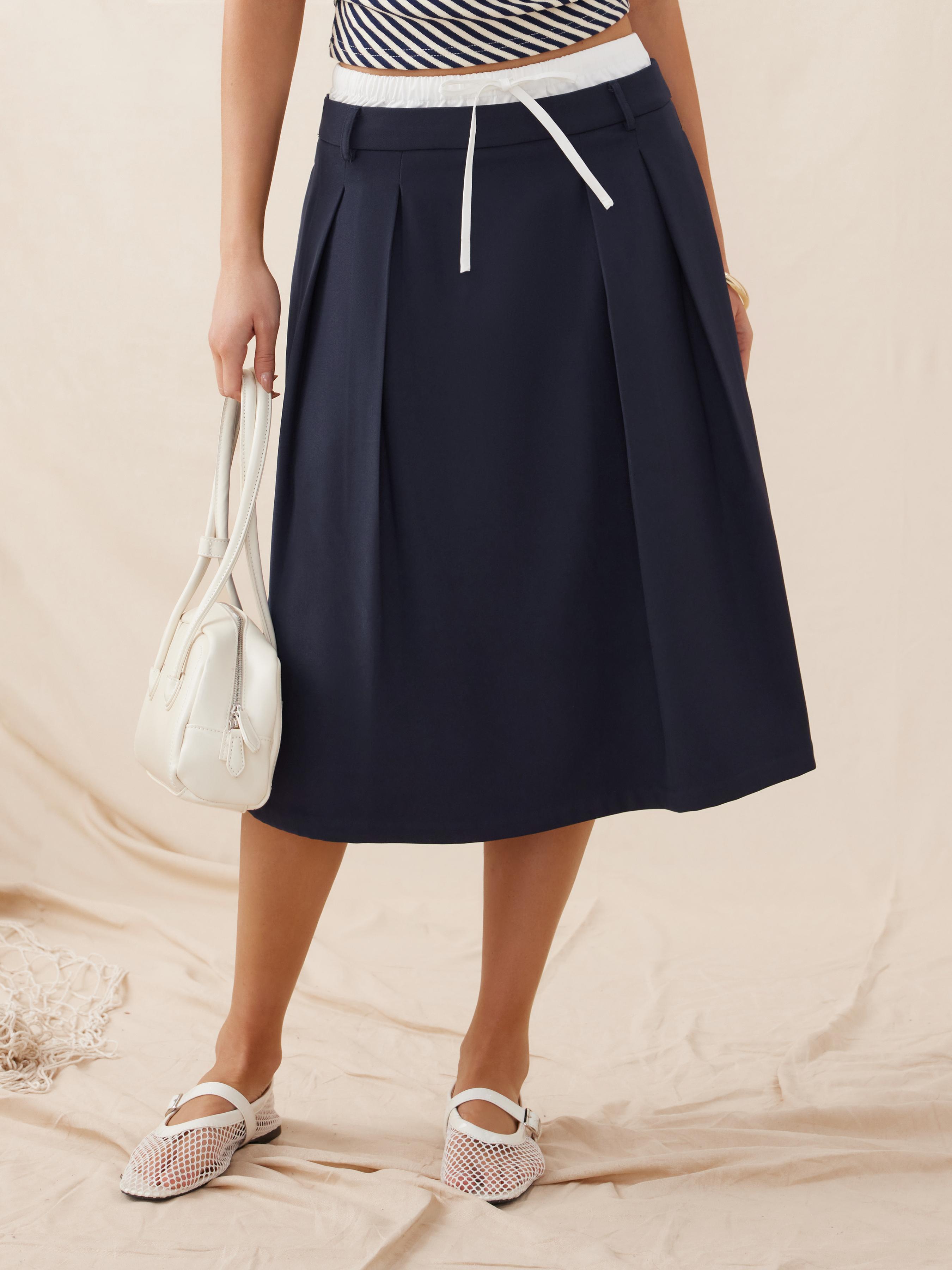 Cotton Contrast Trim Drawstring Pleated A-line Midi Skirt by CIDER