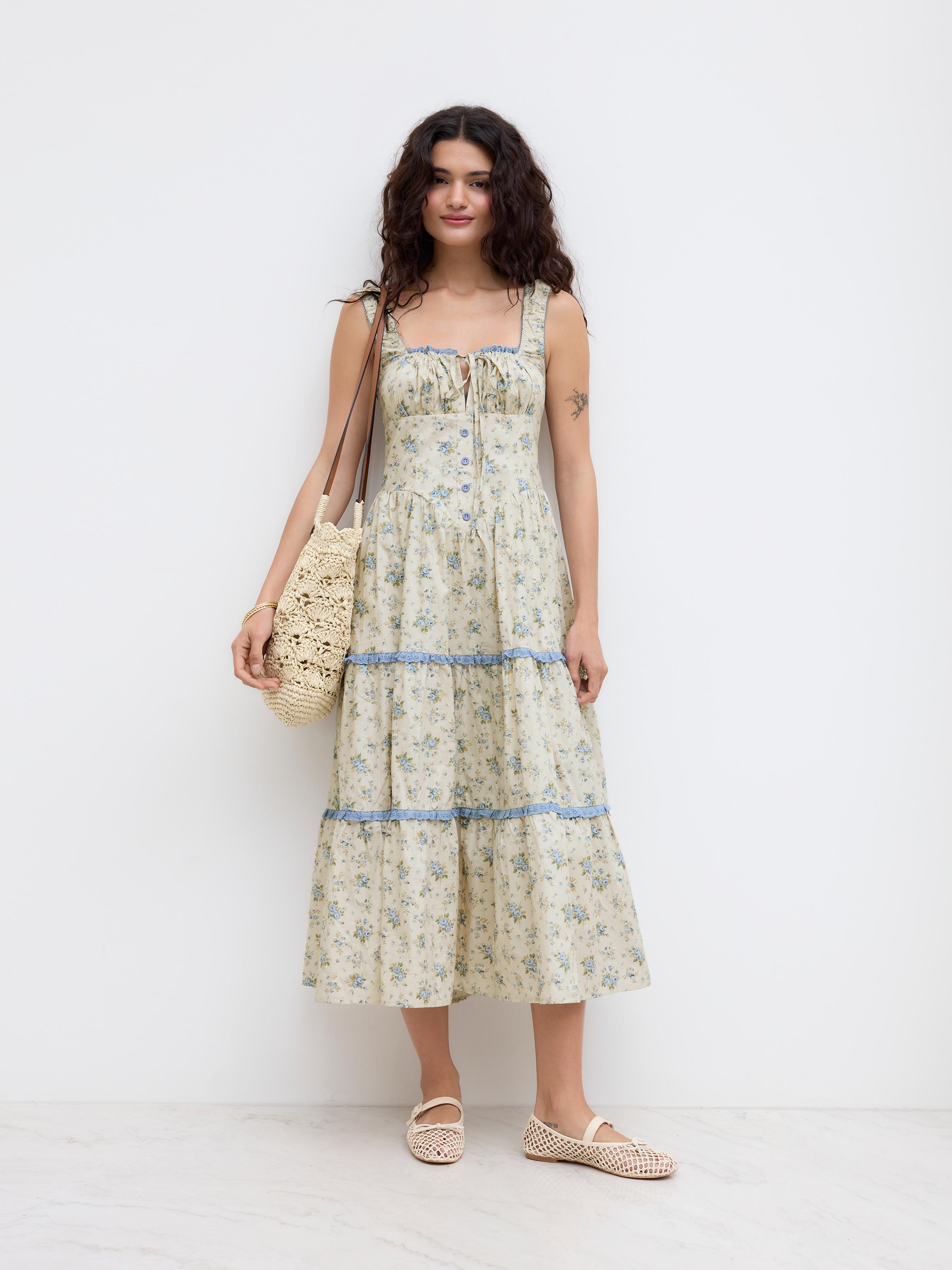 Cotton Ditsy Floral Contrasting Binding knotted Shirred Tiered Maxi Dress by CIDER