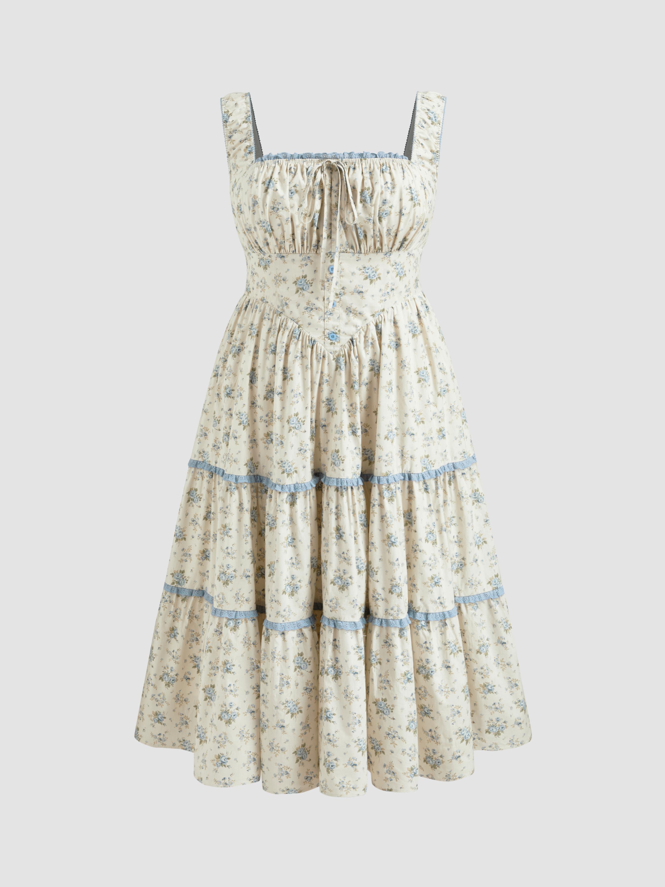 Cotton Ditsy Floral Contrasting Binding knotted Shirred Tiered Maxi Dress Curve & Plus by CIDER Cotton Ditsy Floral Contrasting Binding knotted Shirred Tiered Maxi Dress Curve & Plus by CIDER