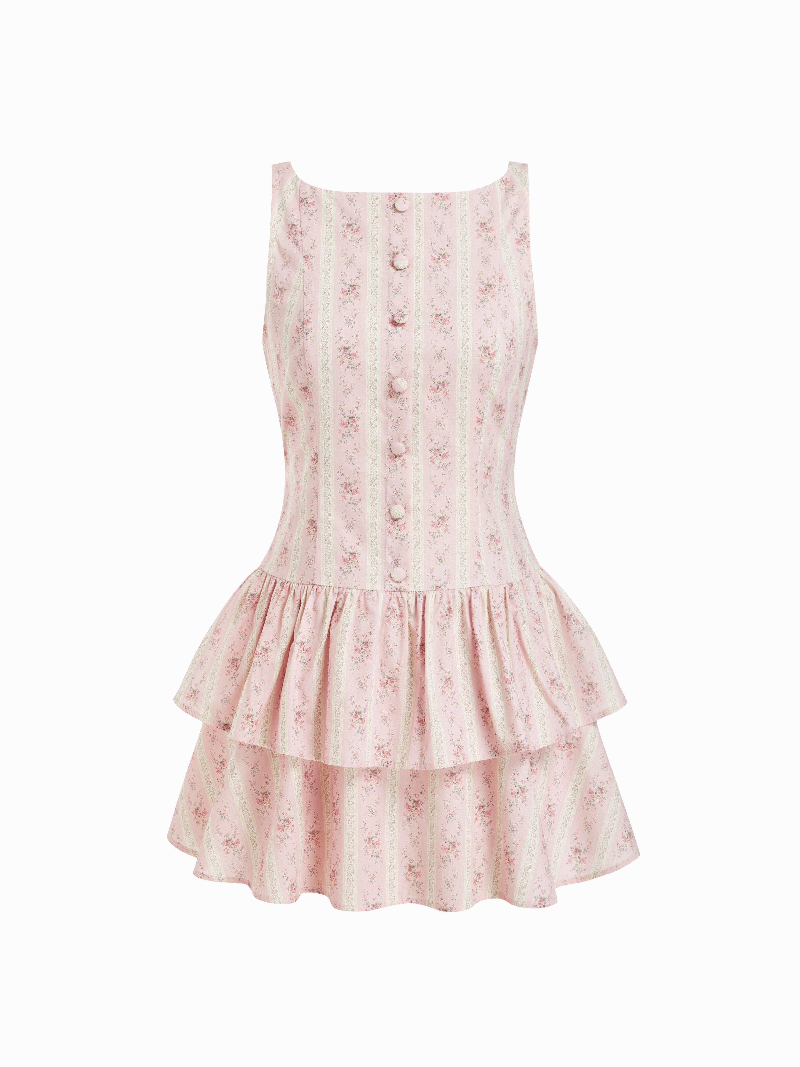 Cotton Floral Boat Neck Button Front Tiered Mini Dress by CIDER