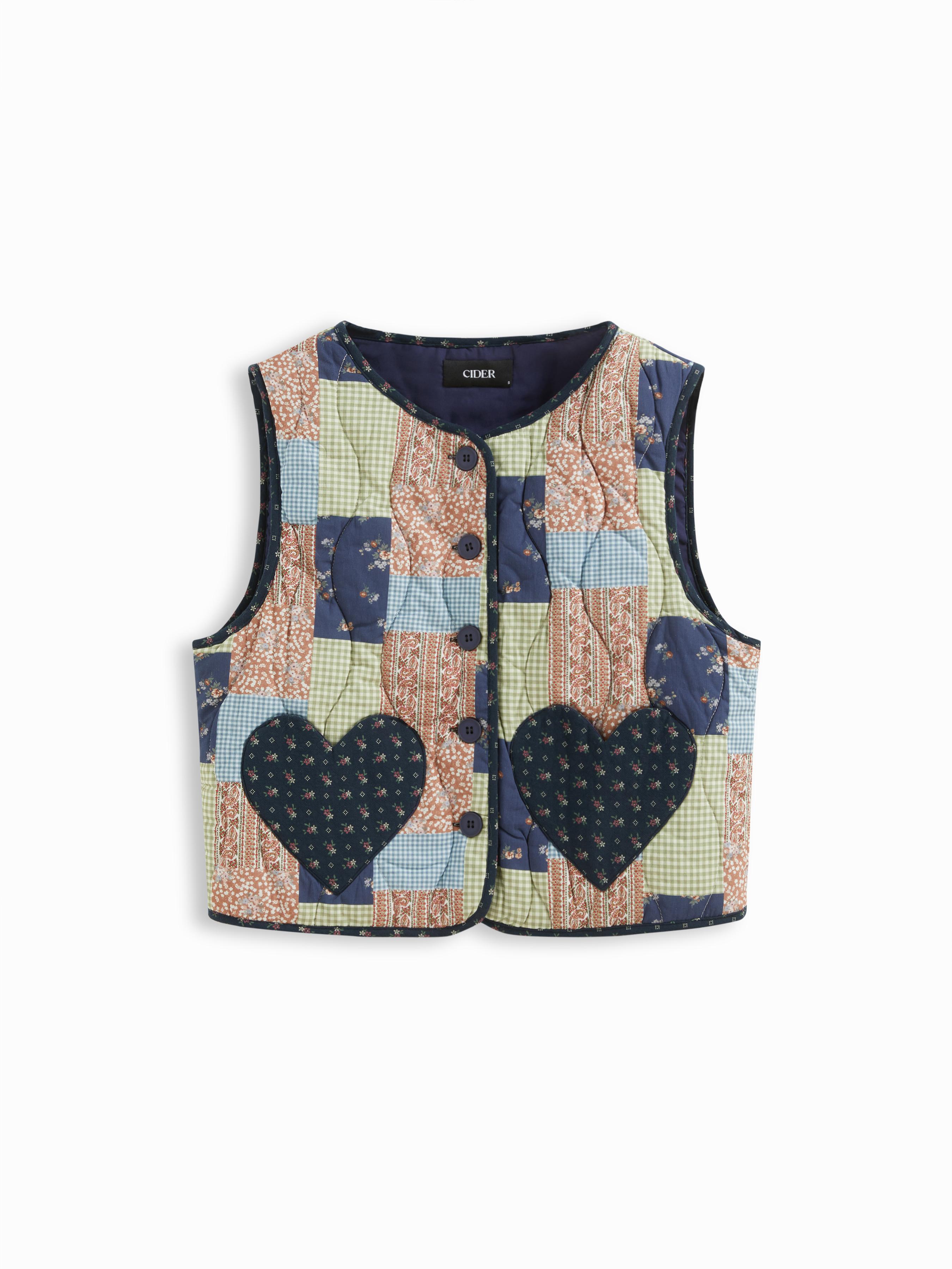 Cotton Floral Patchy Contrasting Binding Button Puffer Vest by CIDER