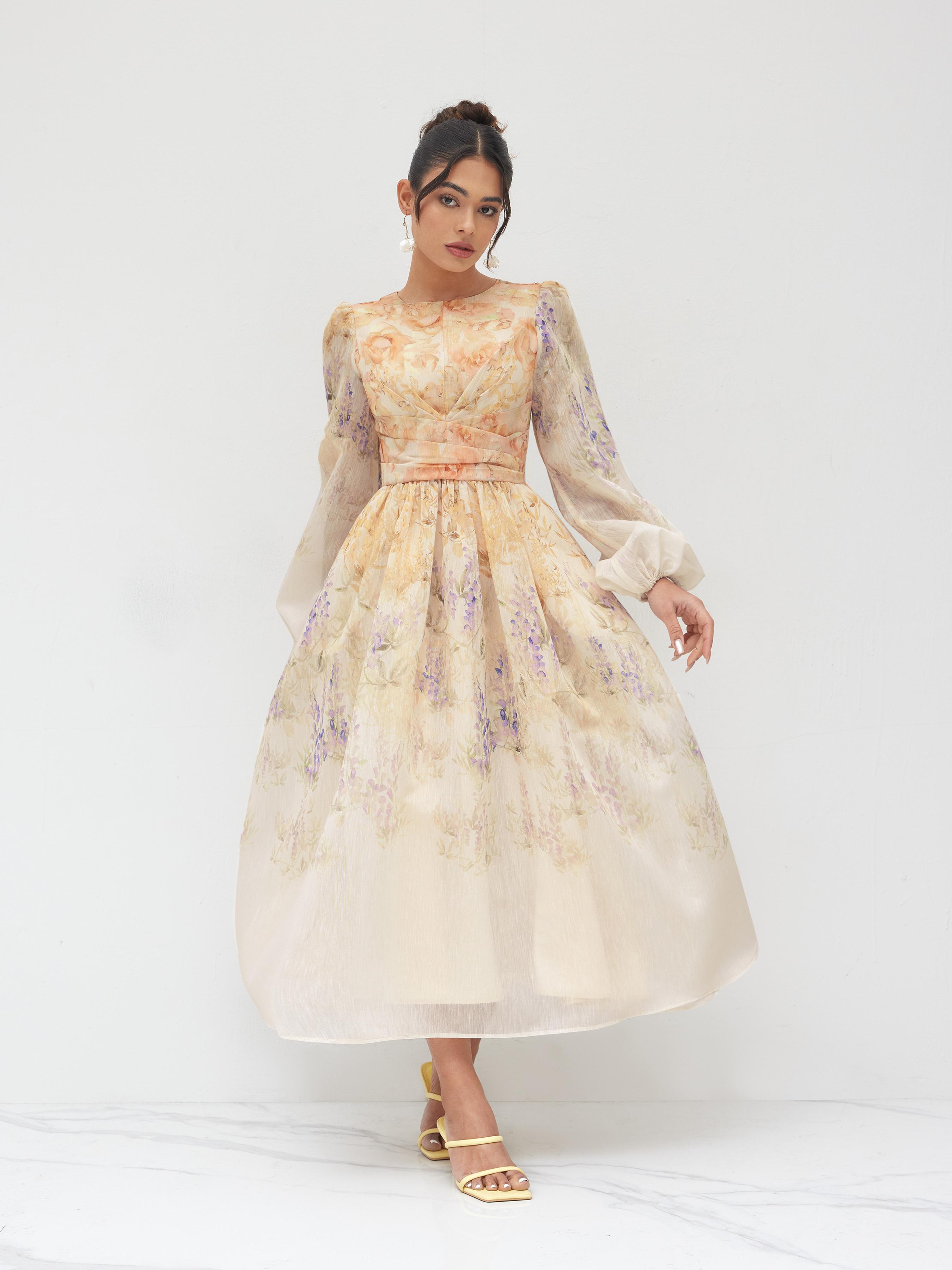 Cotton Floral Pleated Maxi Dress by CIDER