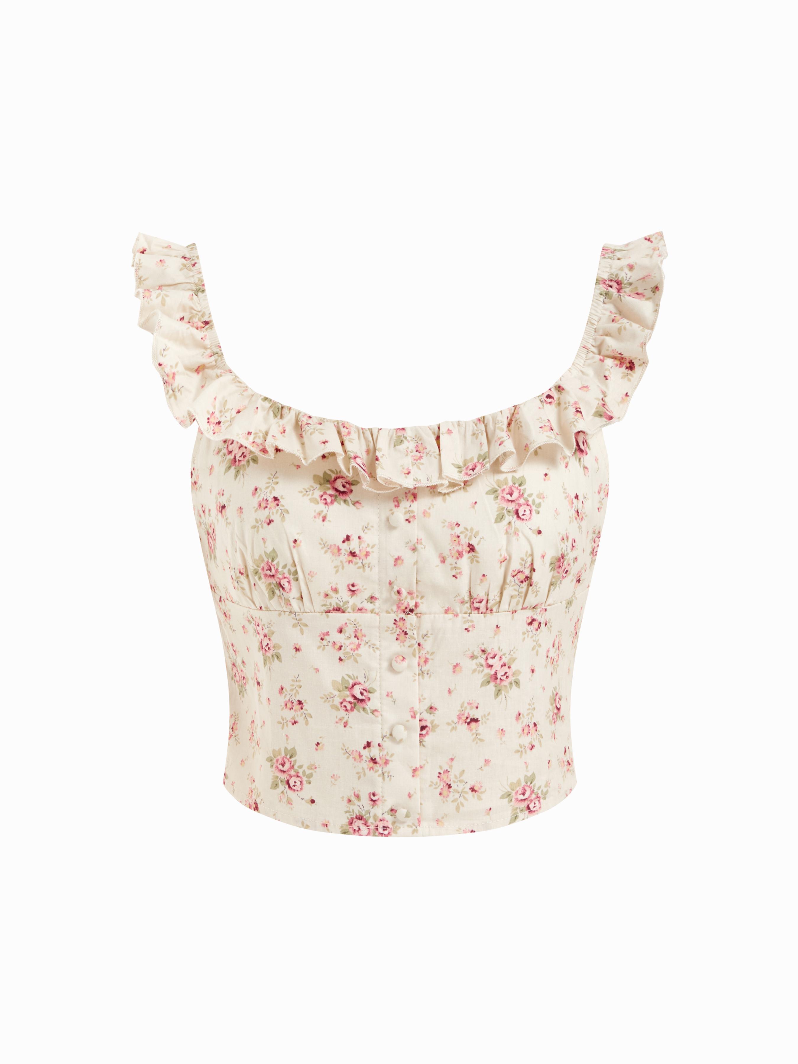 Cotton Floral Ruffled Square Neckline Crop Blouse by CIDER