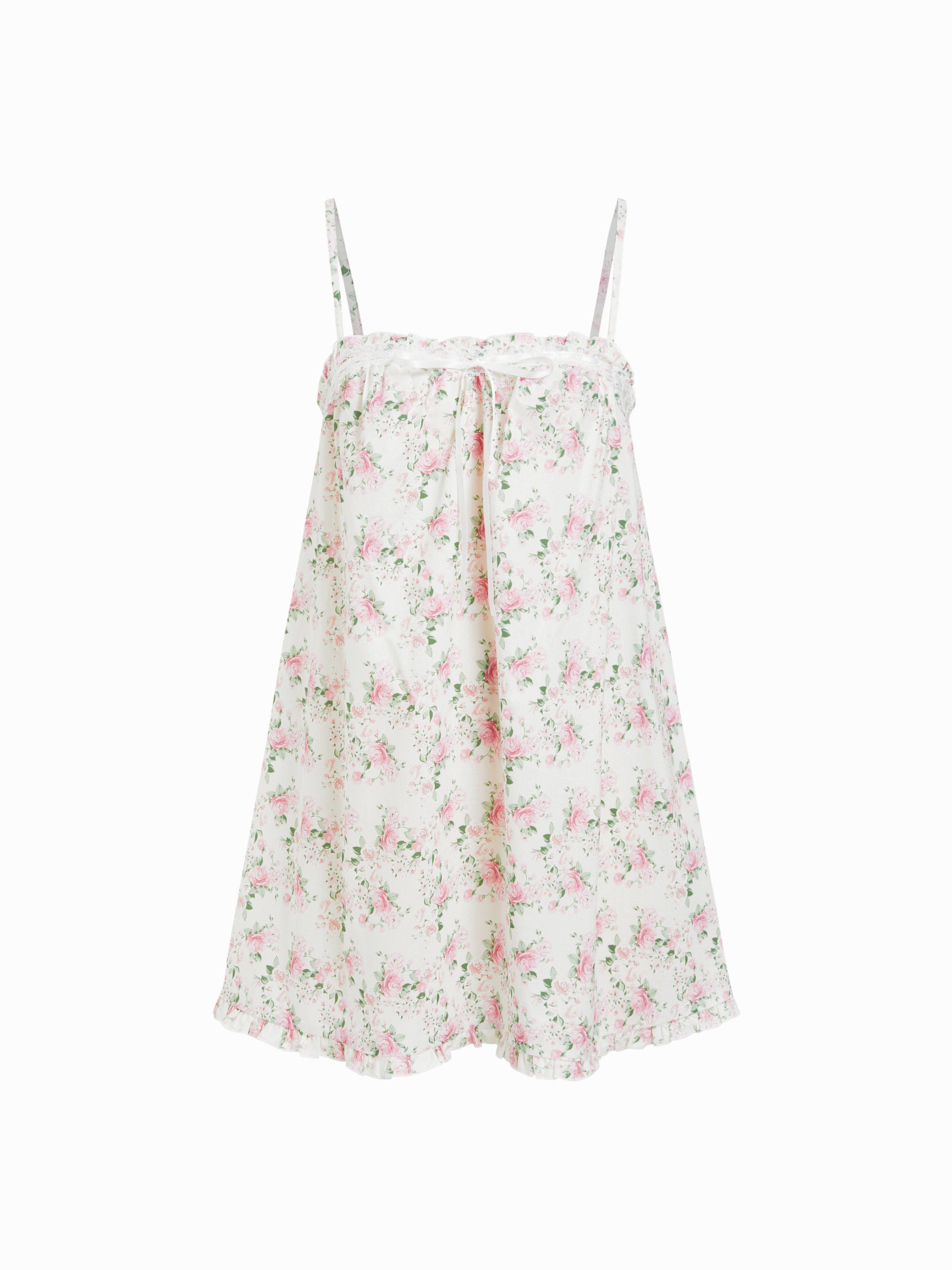 Cotton Floral Square Neck Bowknot Lace Trim Ruffle Hem Mini Nightdress by CIDER