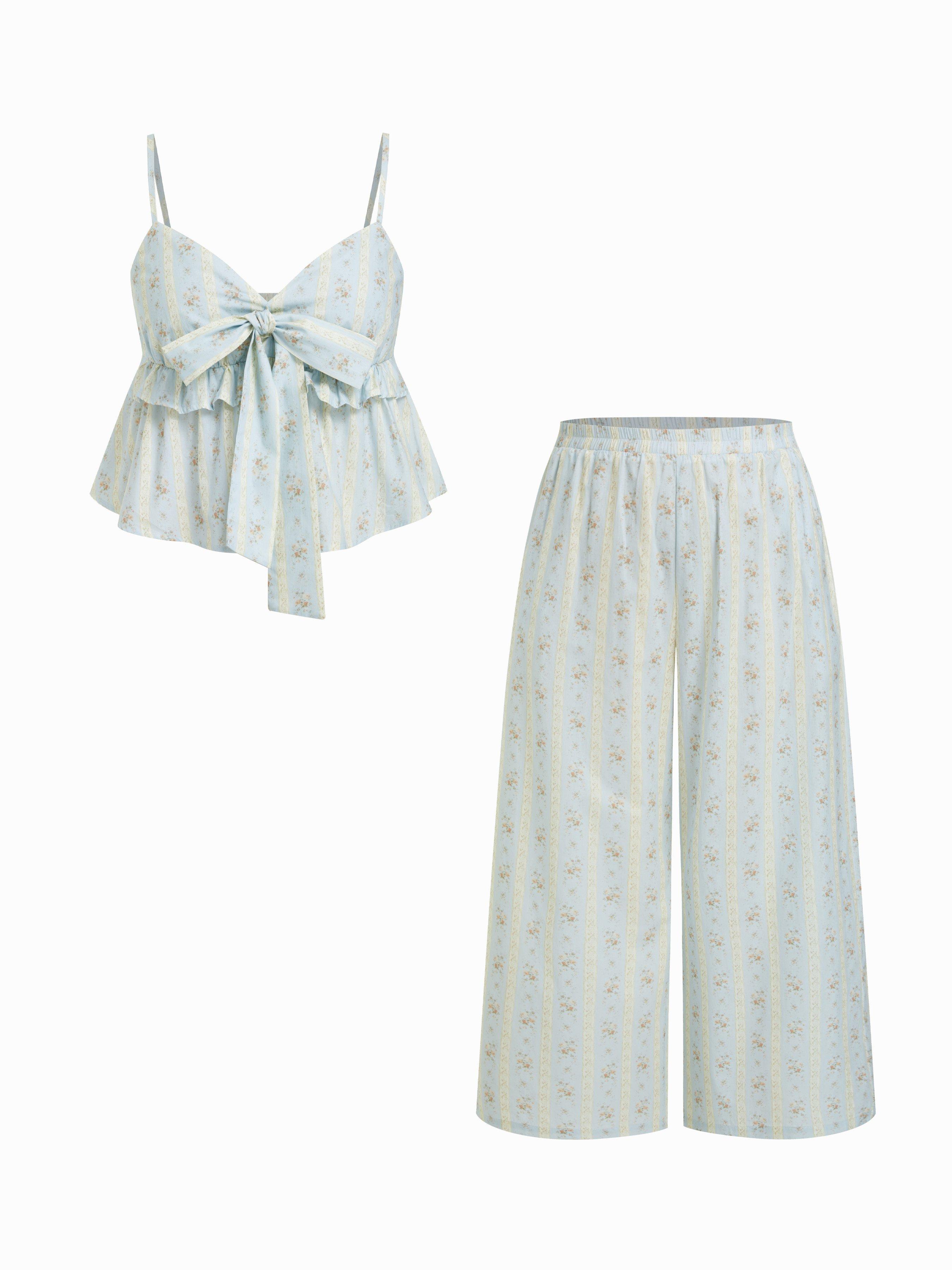 Cotton Floral Sweetheart Bowknot Cami Top & Mid-Rise Wide-Leg Loungewear Set Curve & Plus by CIDER