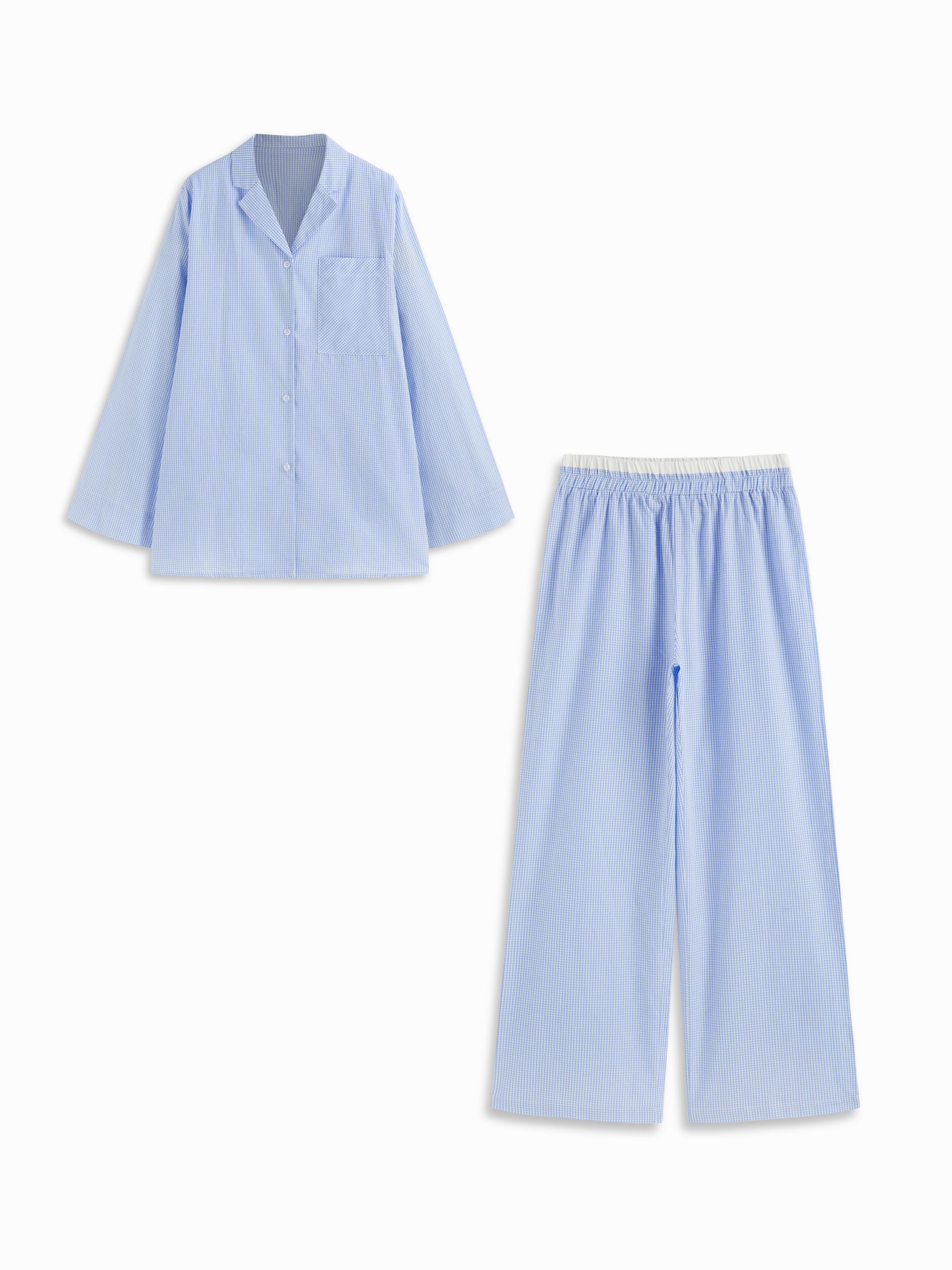 Cotton Gingham Bell Sleeve Oversized Top & Mid Rise Elastic Waist Trousers Loungewear Set by CIDER