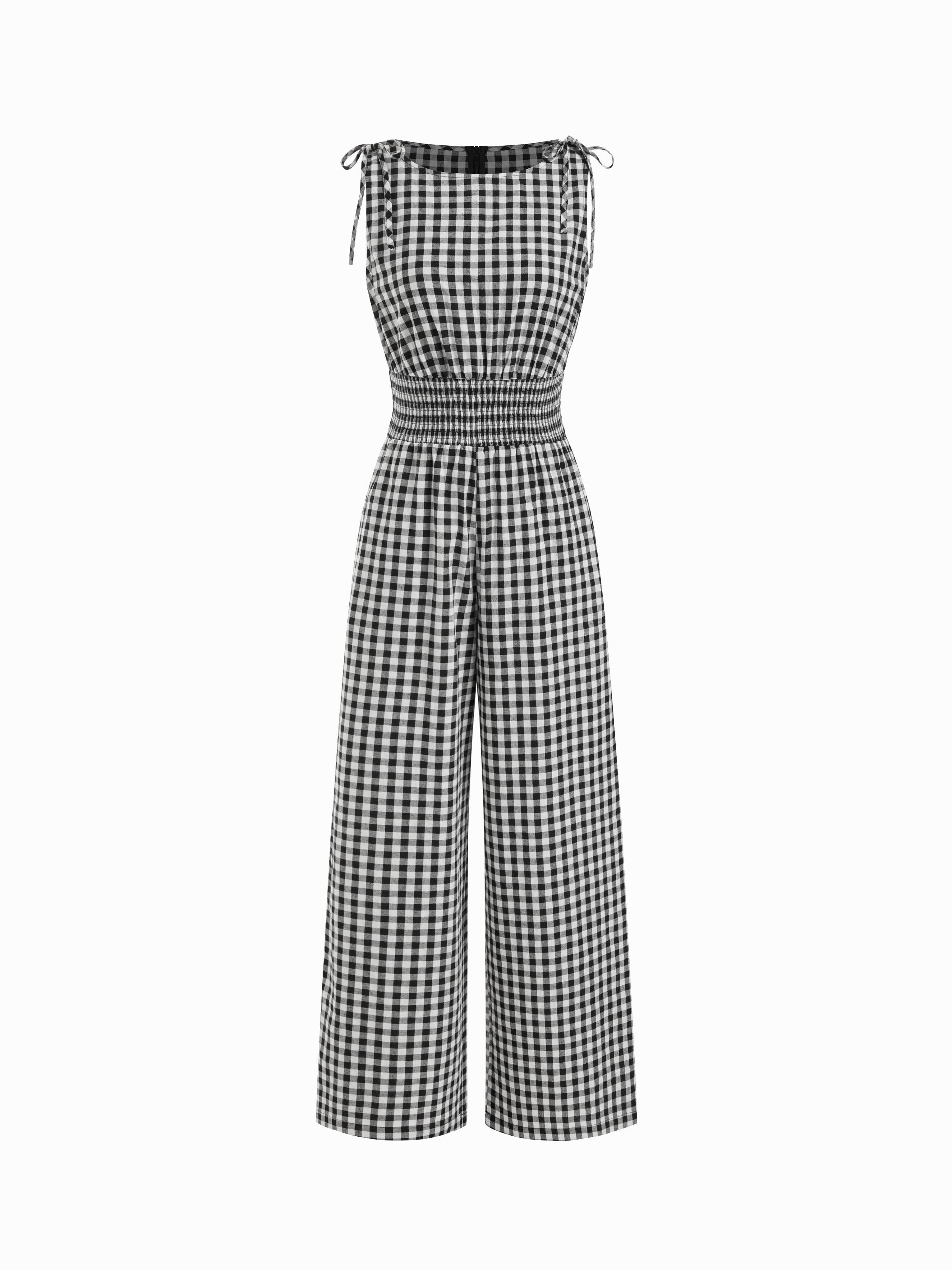 Cotton Gingham Boat Neck Drawstring Wide Leg Jumpsuit by CIDER