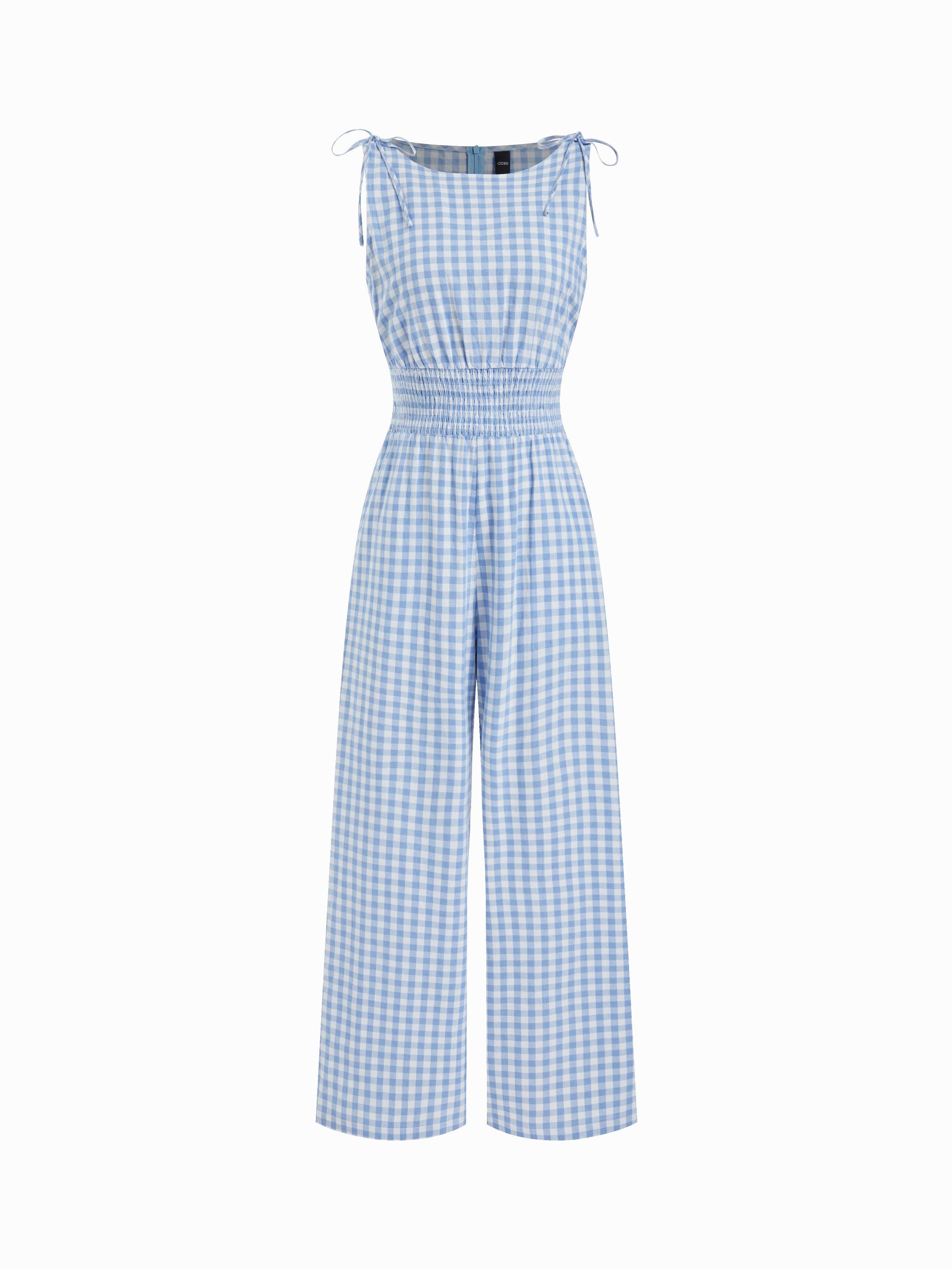 Cotton Gingham Boat Neck Drawstring Wide Leg Jumpsuit by CIDER