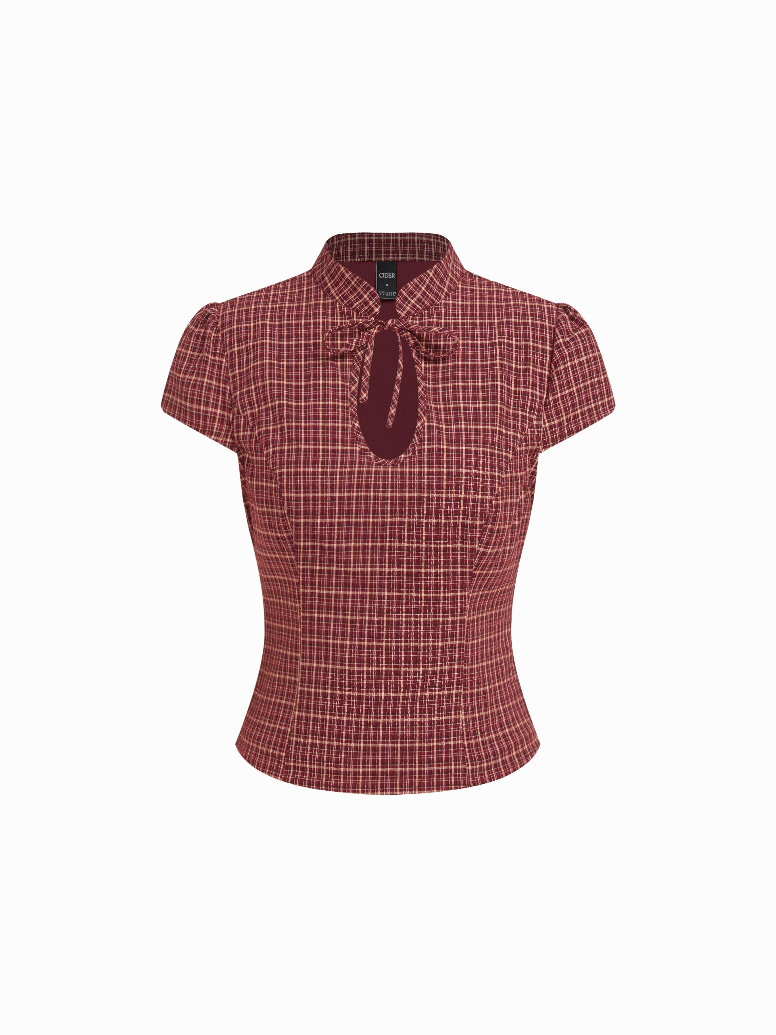 Cotton Gingham Mandarin Collar Puff Sleeve Bowknot Blouse by CIDER