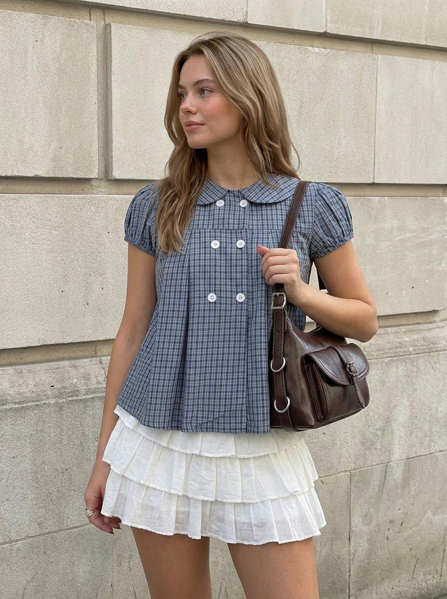 Cotton Gingham Peter Pan Collar Puff Sleeve Pleated Oversized Blouse by CIDER