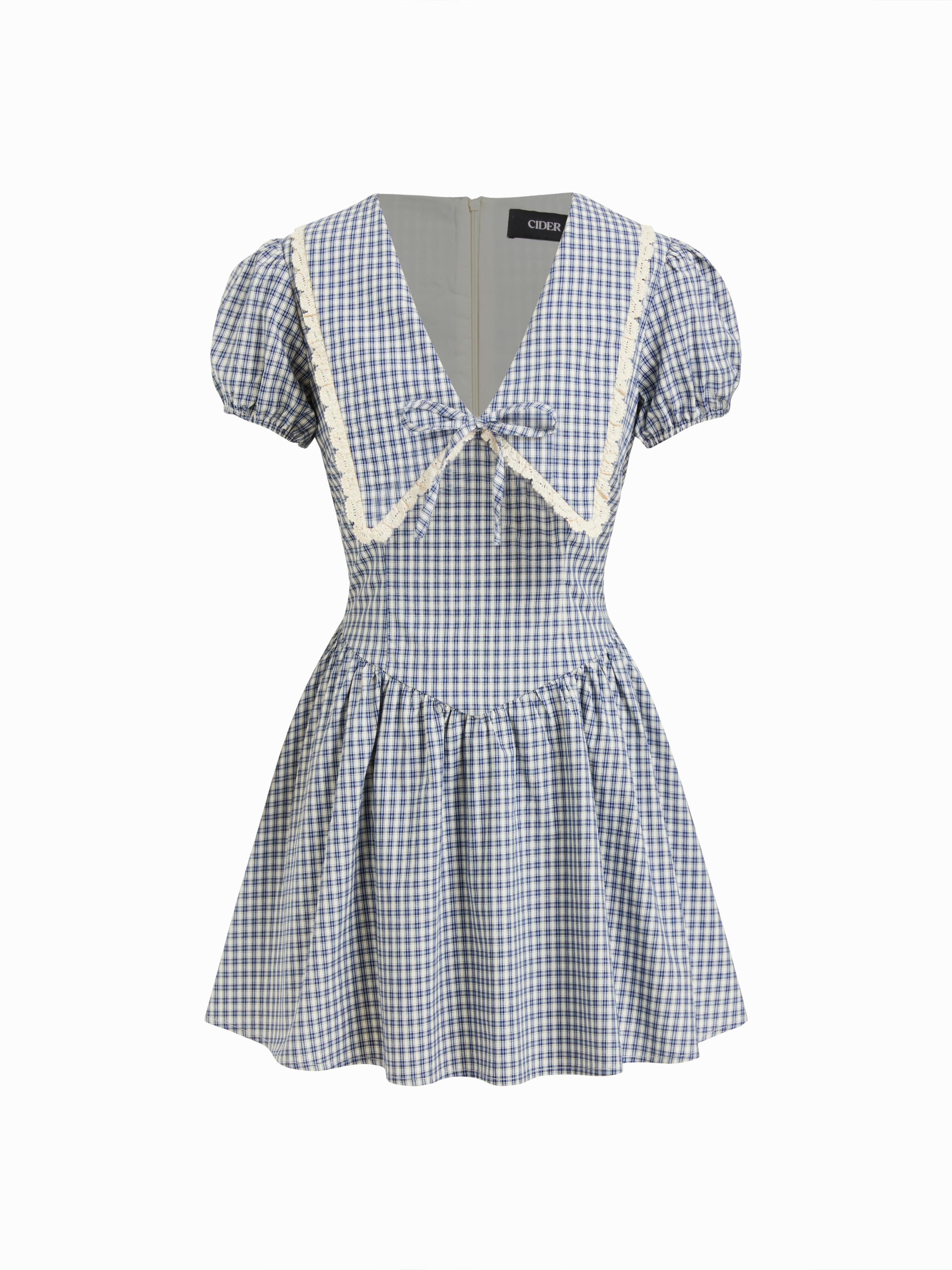 Cotton Gingham Puff Sleeve Asymmetrical Babydoll Mini Dress by CIDER