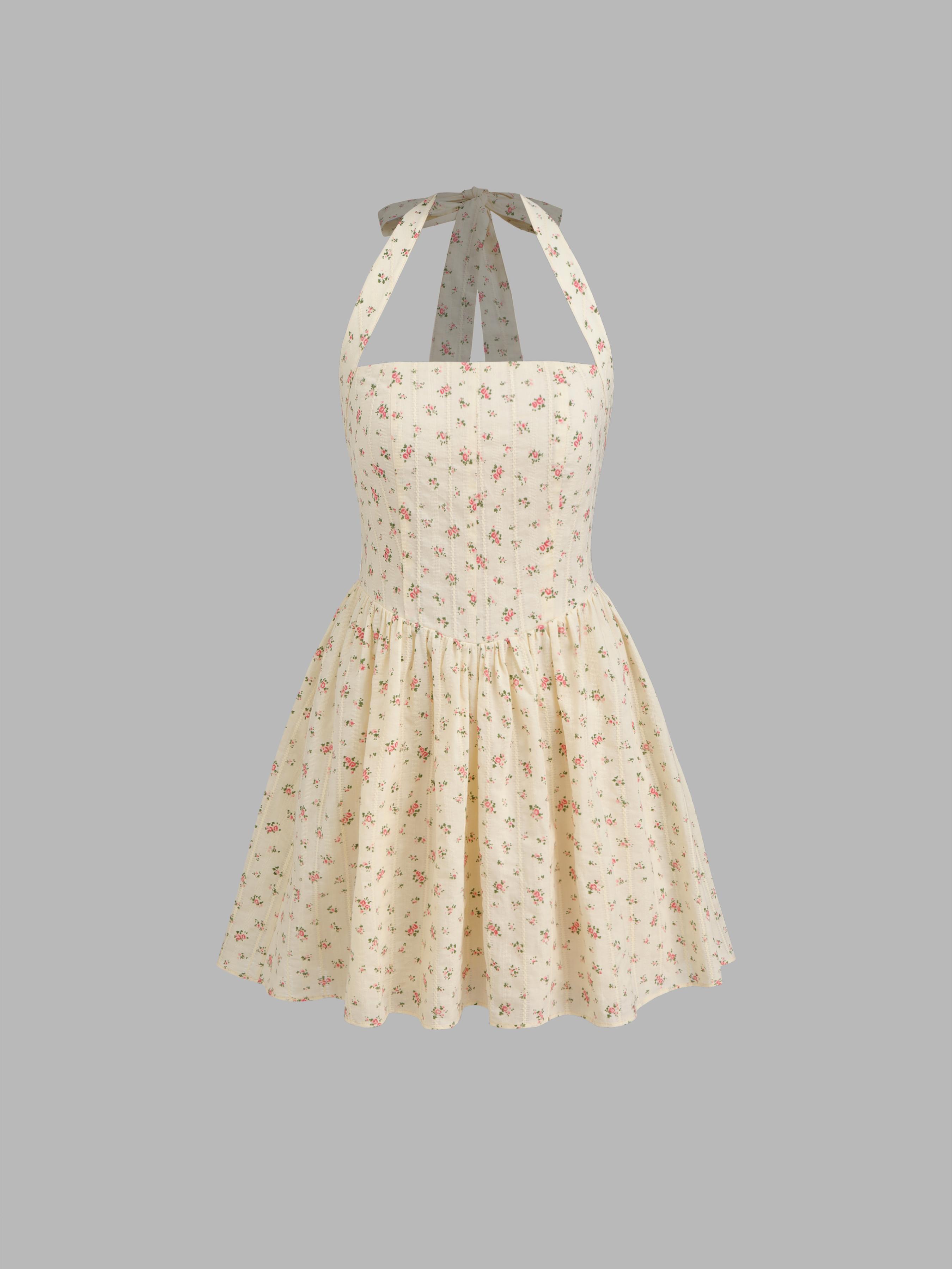 Cotton Halter Neckline Floral Ruffle Mini Dress by CIDER