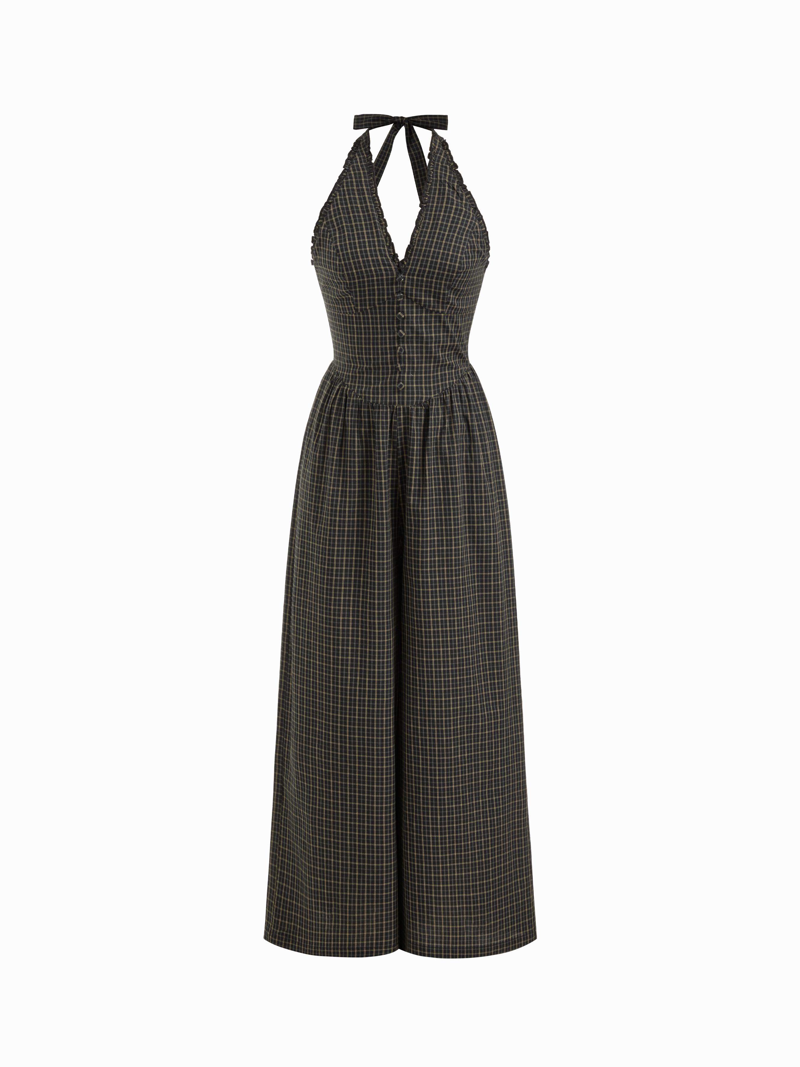 Cotton Halter Neckline Plaid Lettuce Trim Shirred Wide Leg Jumpsuit by CIDER