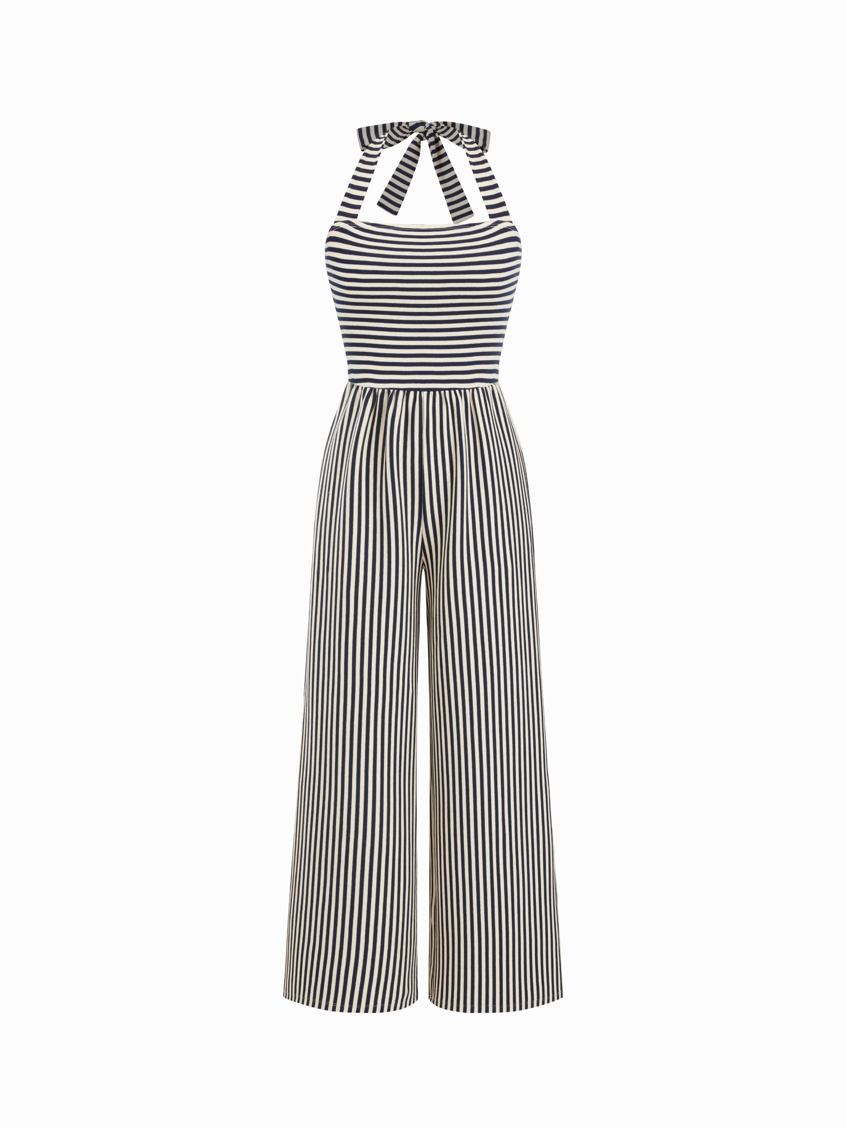 Cotton Halter Neckline Striped Knotted Jumpsuit by CIDER