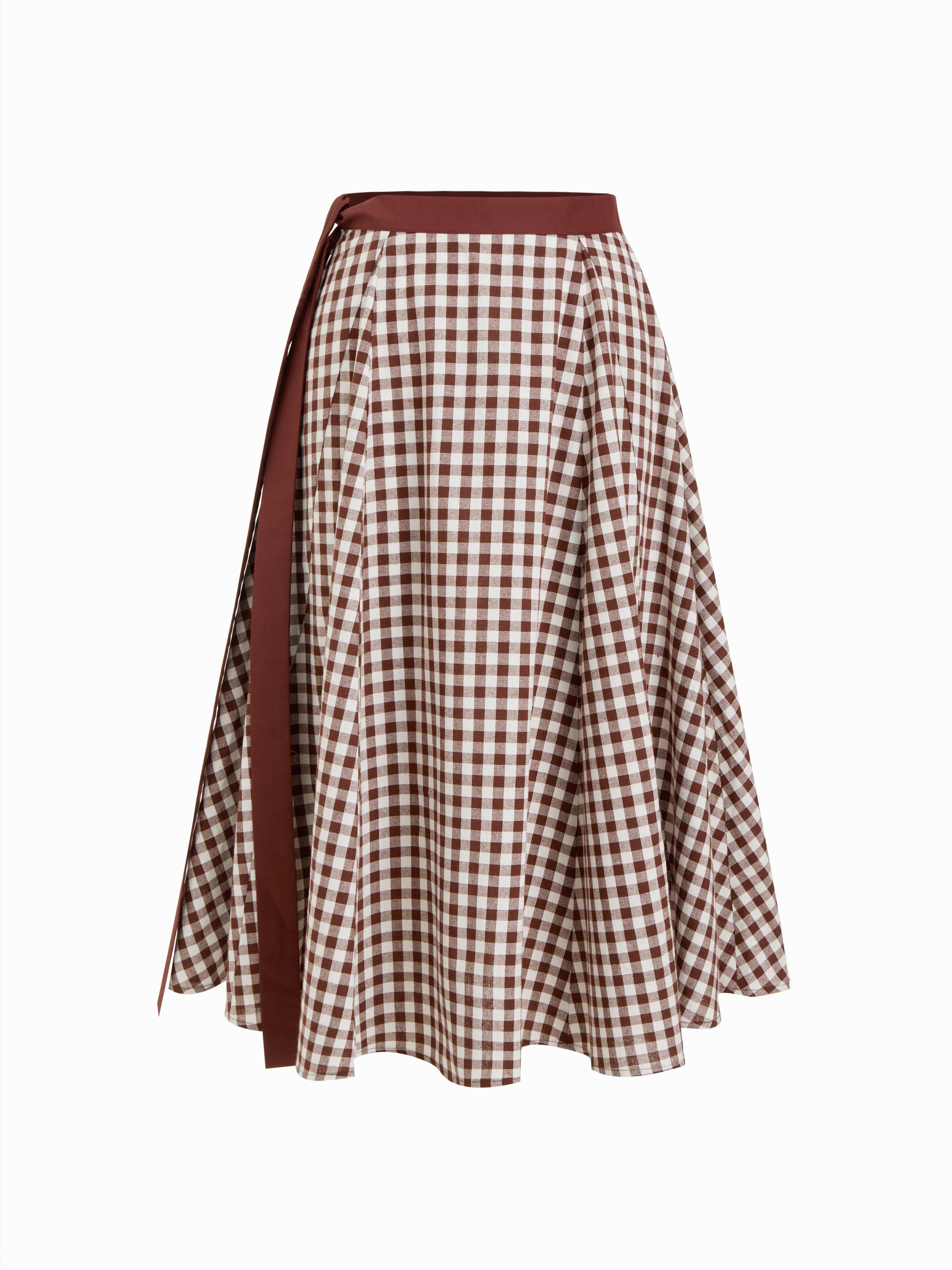 Cotton High Rise Gingham Knotted Flared Maxi Skirt by CIDER