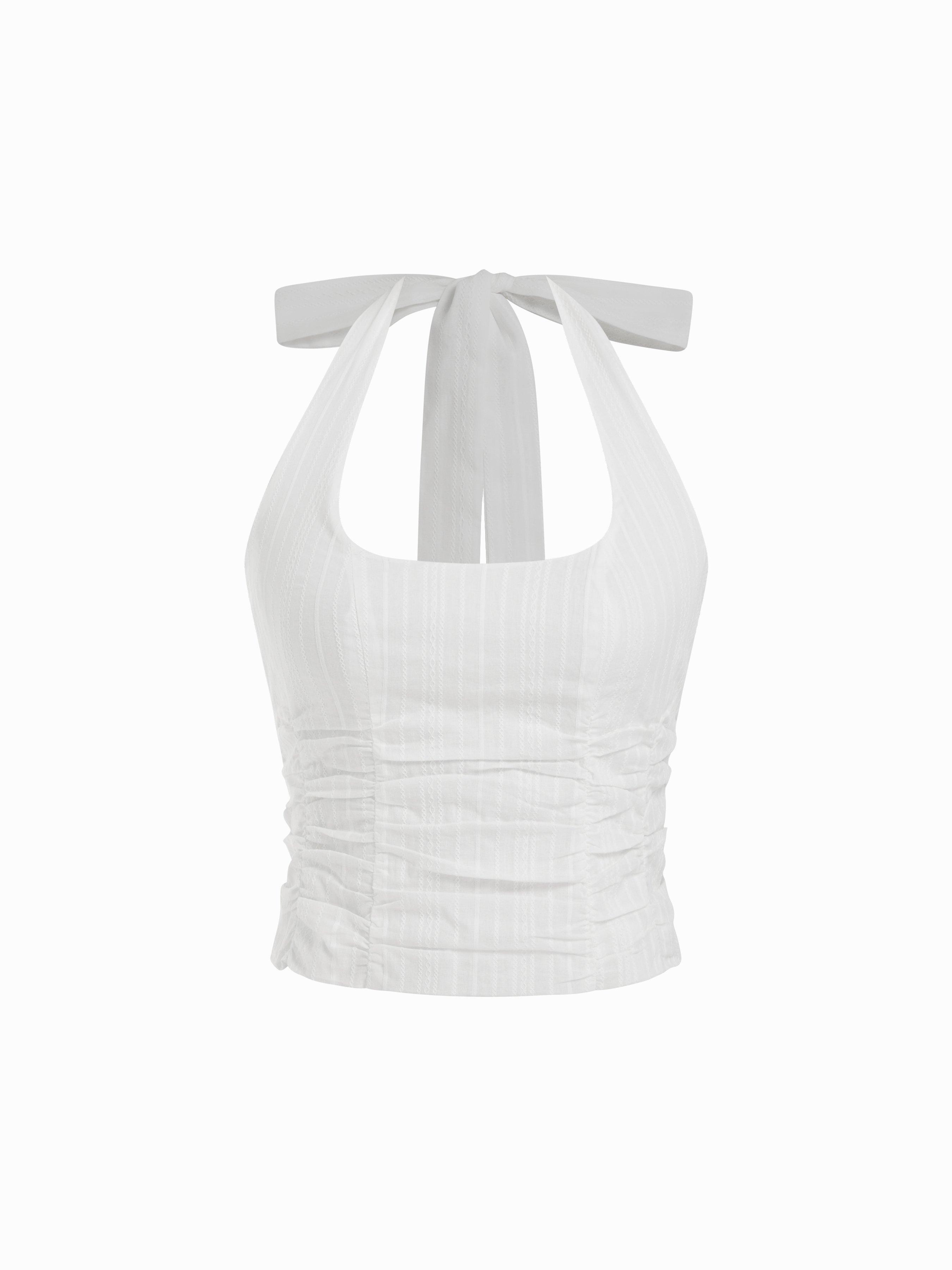 Cotton Jacquard Halter Neckline Ruched Shirred Blouse by CIDER
