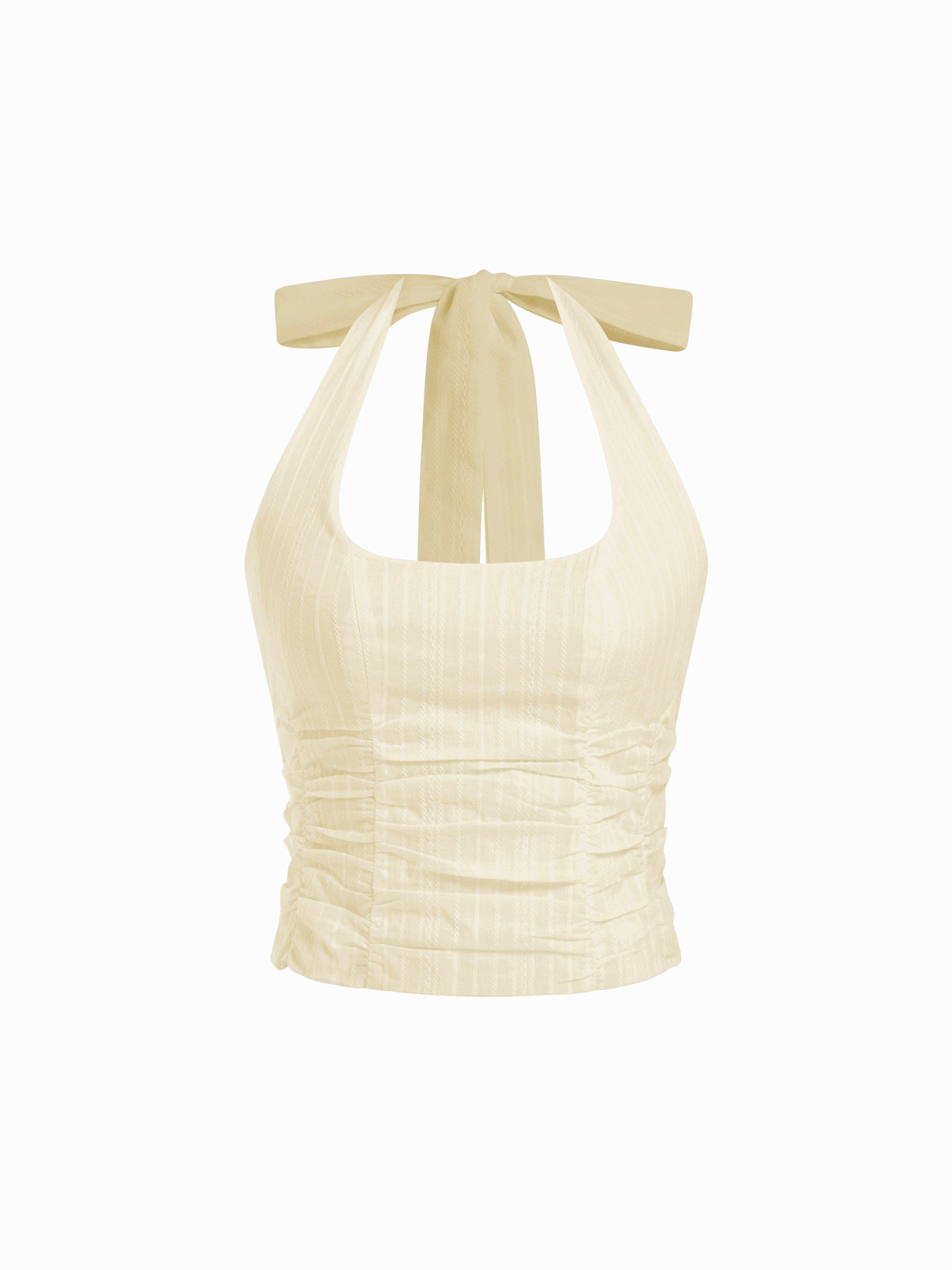 Cotton Jacquard Halter Neckline Ruched Shirred Blouse by CIDER