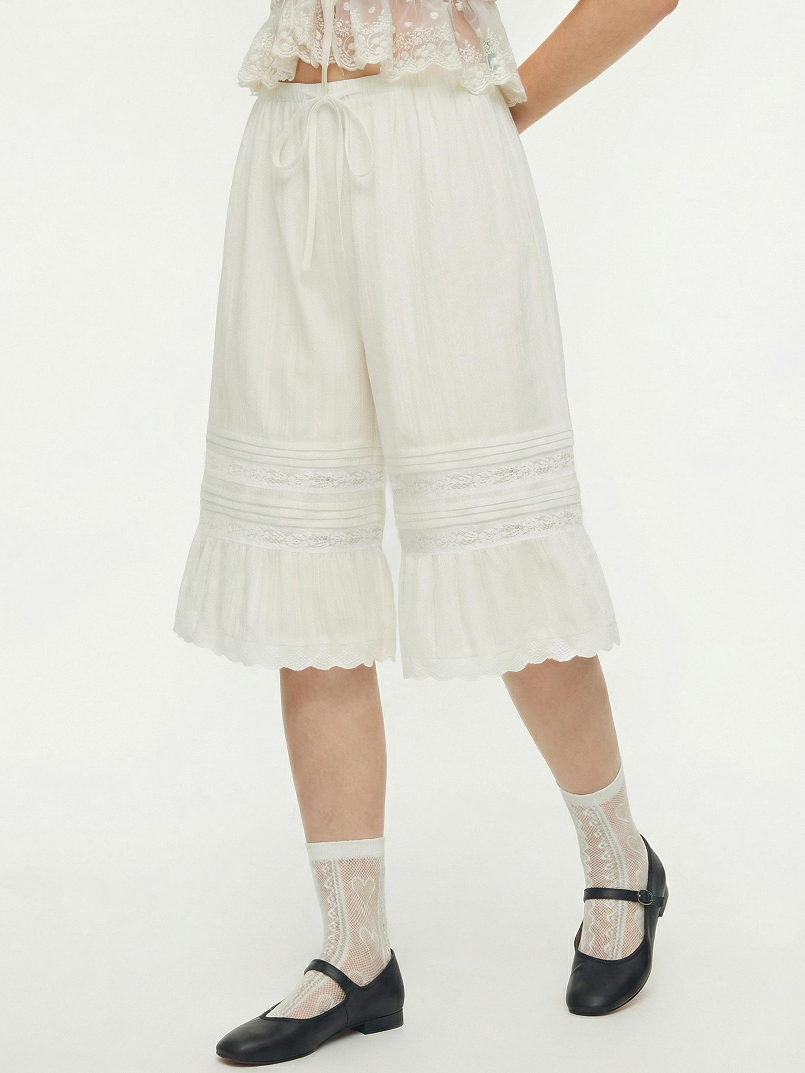 Cotton Lace Drawstring Broderie Anglaise Bermuda Bloomer Shorts by CIDER