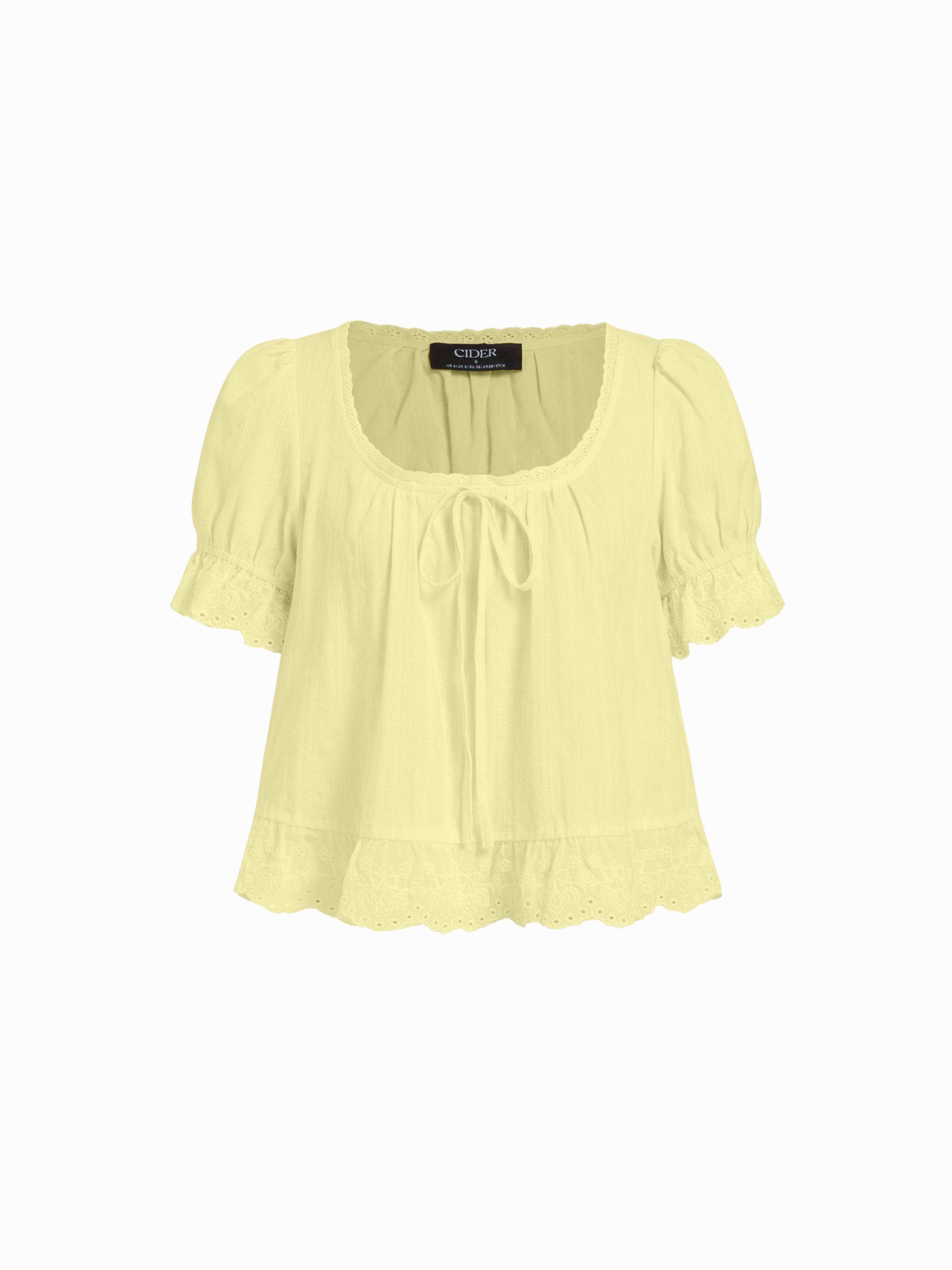 Cotton Lace Trim Knotted Short Puff Sleeve Blouse by CIDER