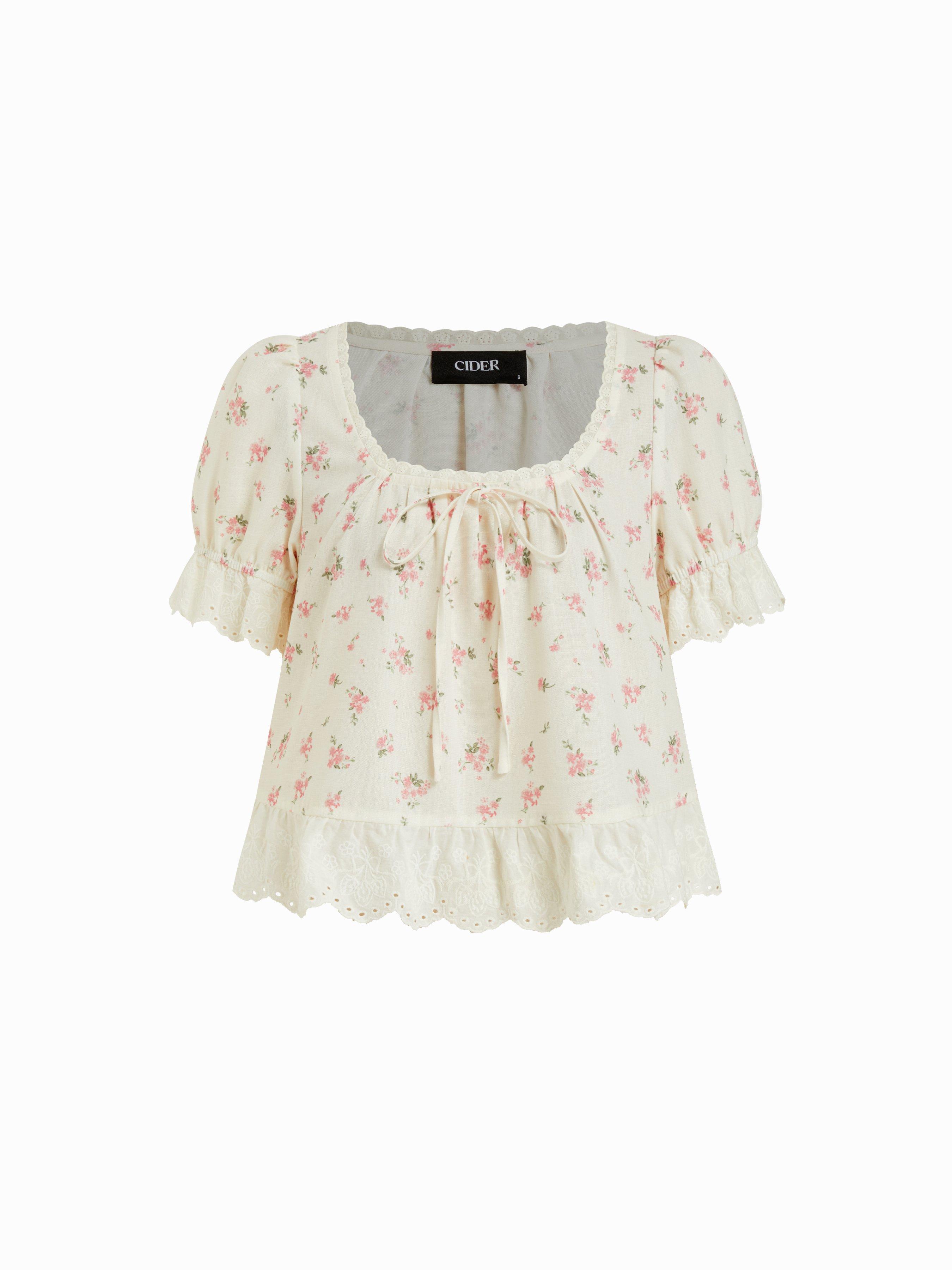 Cotton Lace Trim Knotted Short Puff Sleeve Blouse by CIDER