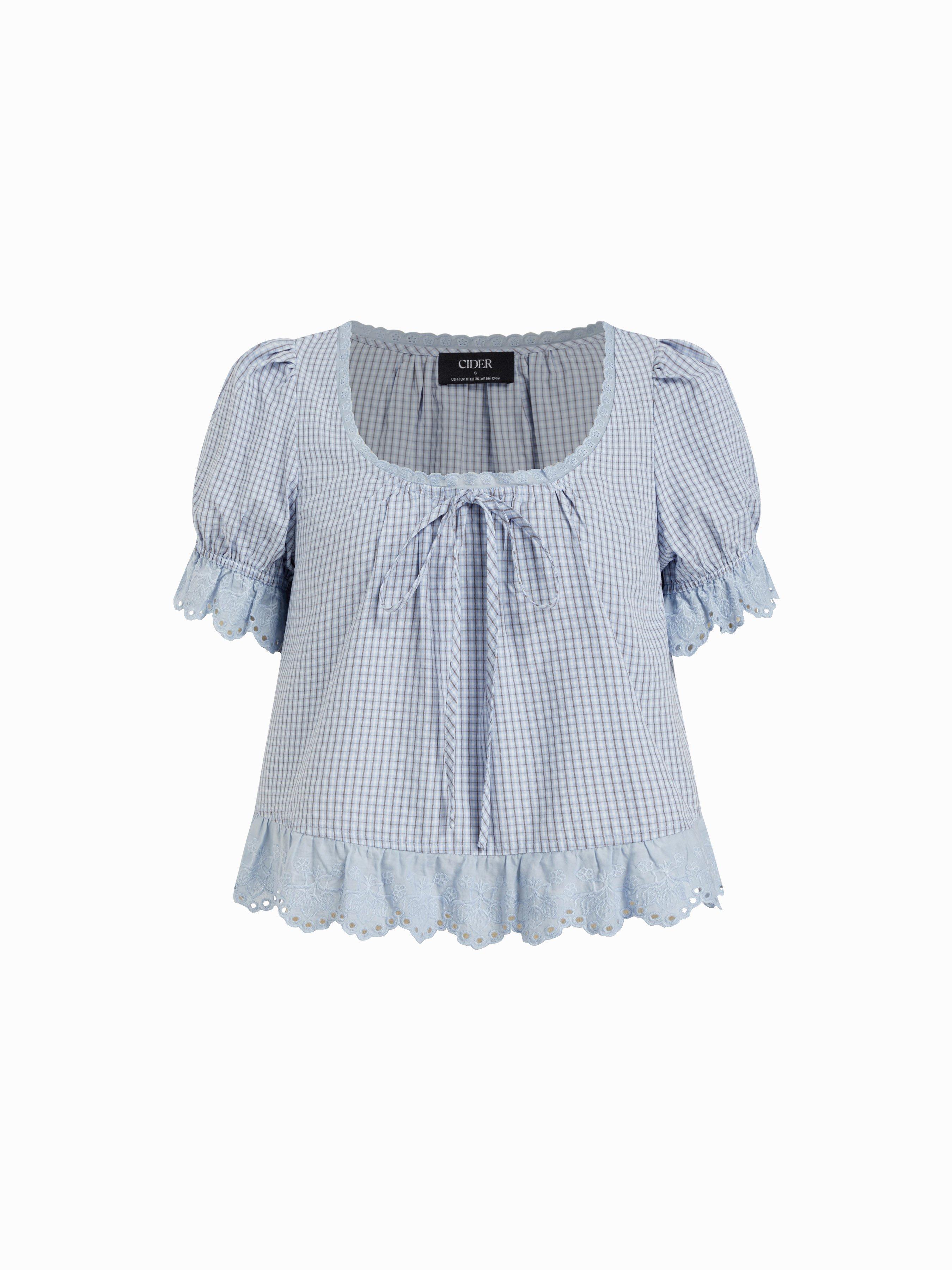 Cotton Lace Trim Knotted Short Puff Sleeve Blouse by CIDER