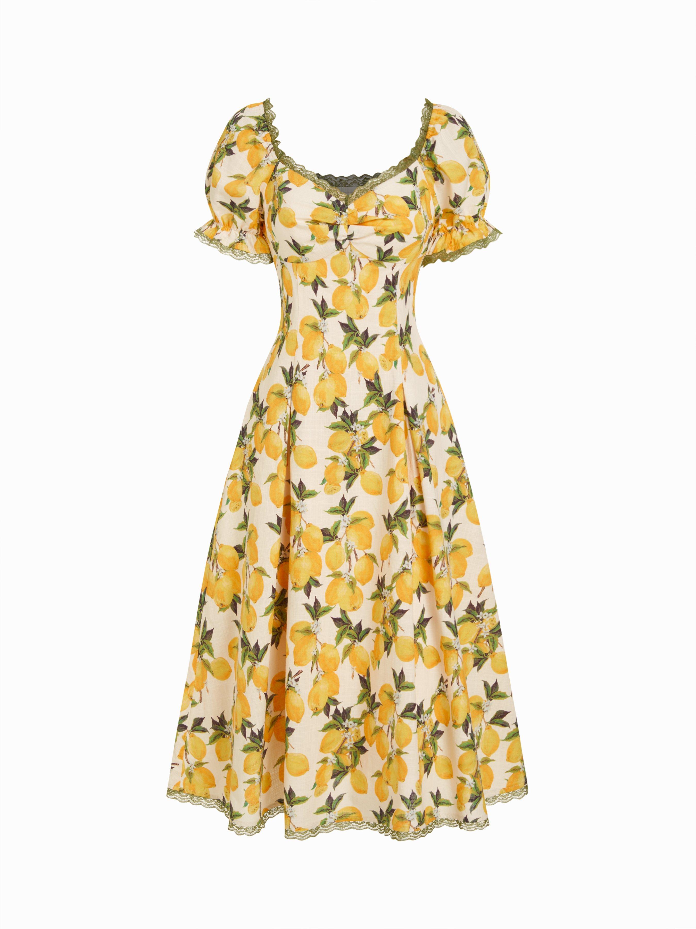 Cotton Lemon Graphic Sweetheart Puff Sleeve Lace Trim Midi Dress by CIDER