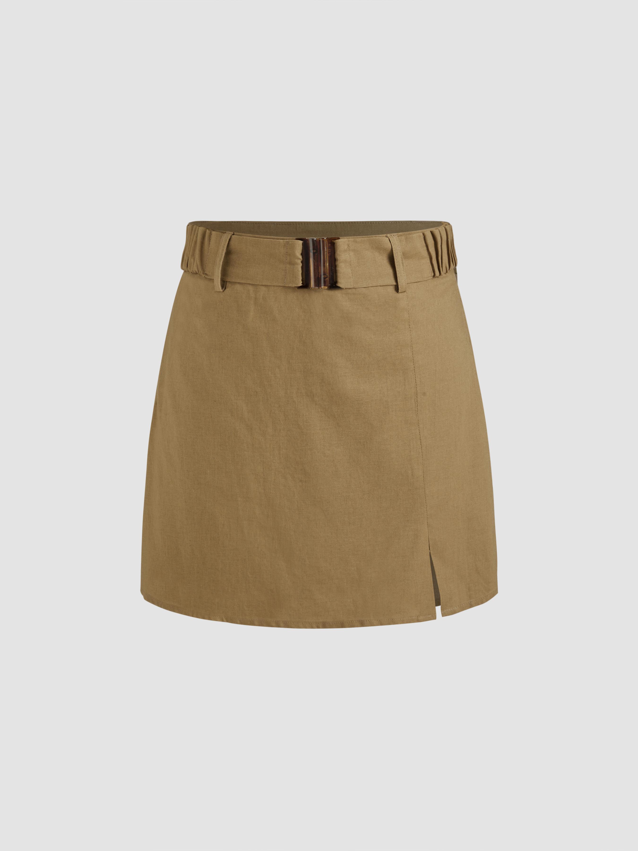 Cotton Linen Mid Rise Solid Skort With Belt by CIDER