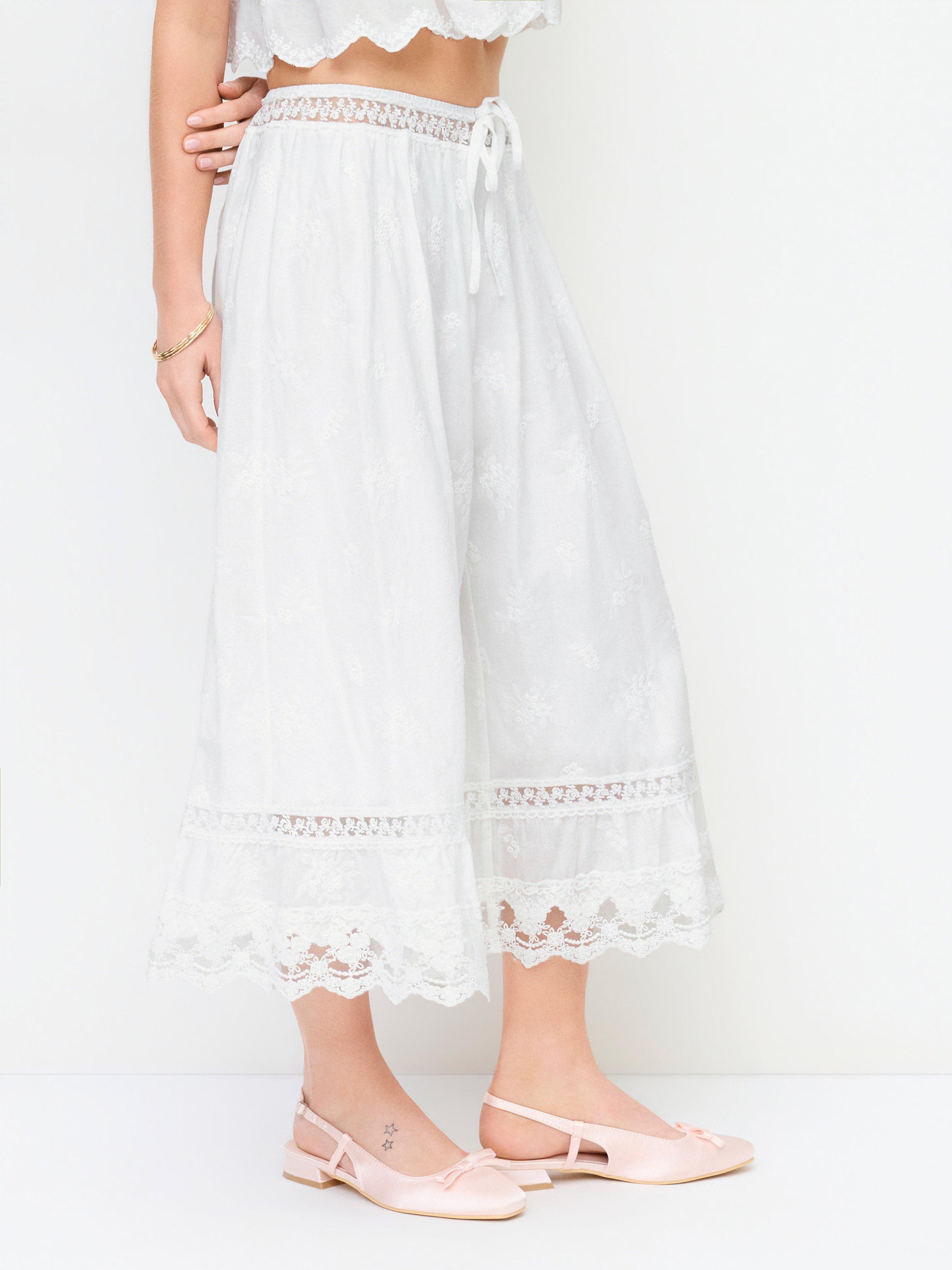 Cotton Low Rise Floral Embroidery Lace Panel Drawstring Wide Leg Cropped Oversized Trousers by CIDER