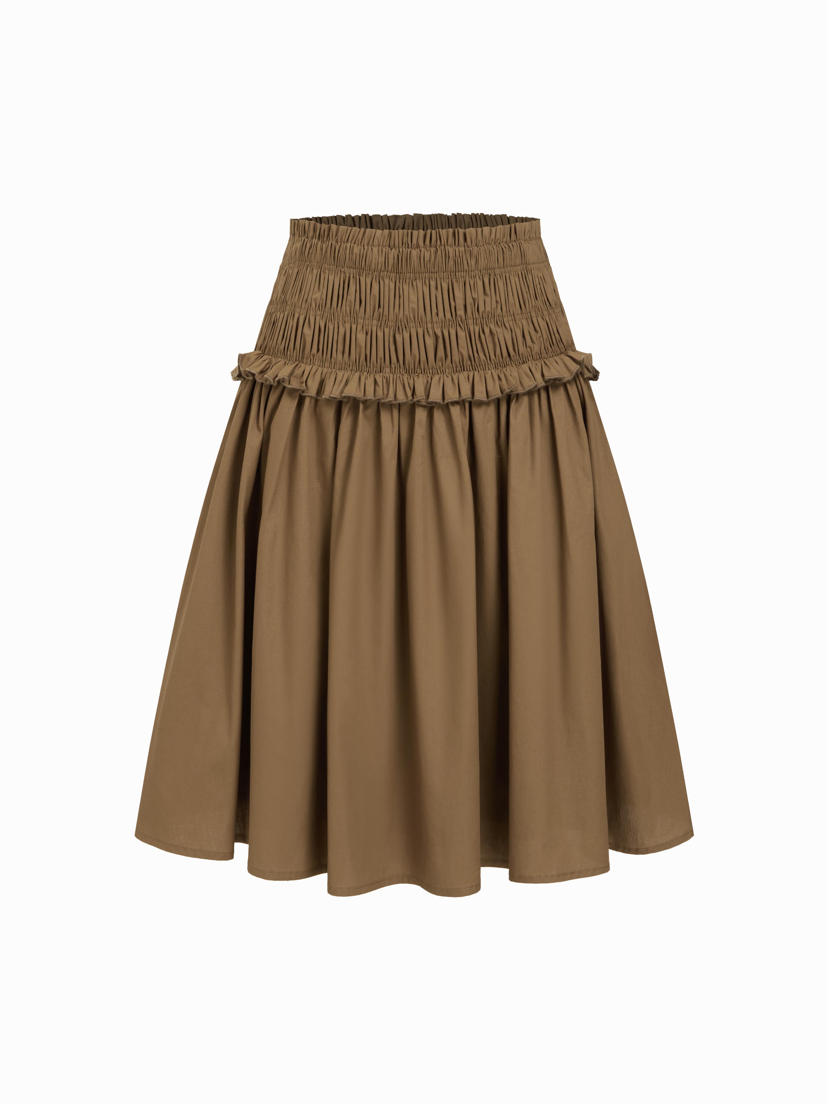 Cotton Low Rise Ruched Ruffled Midi Skirt by CIDER