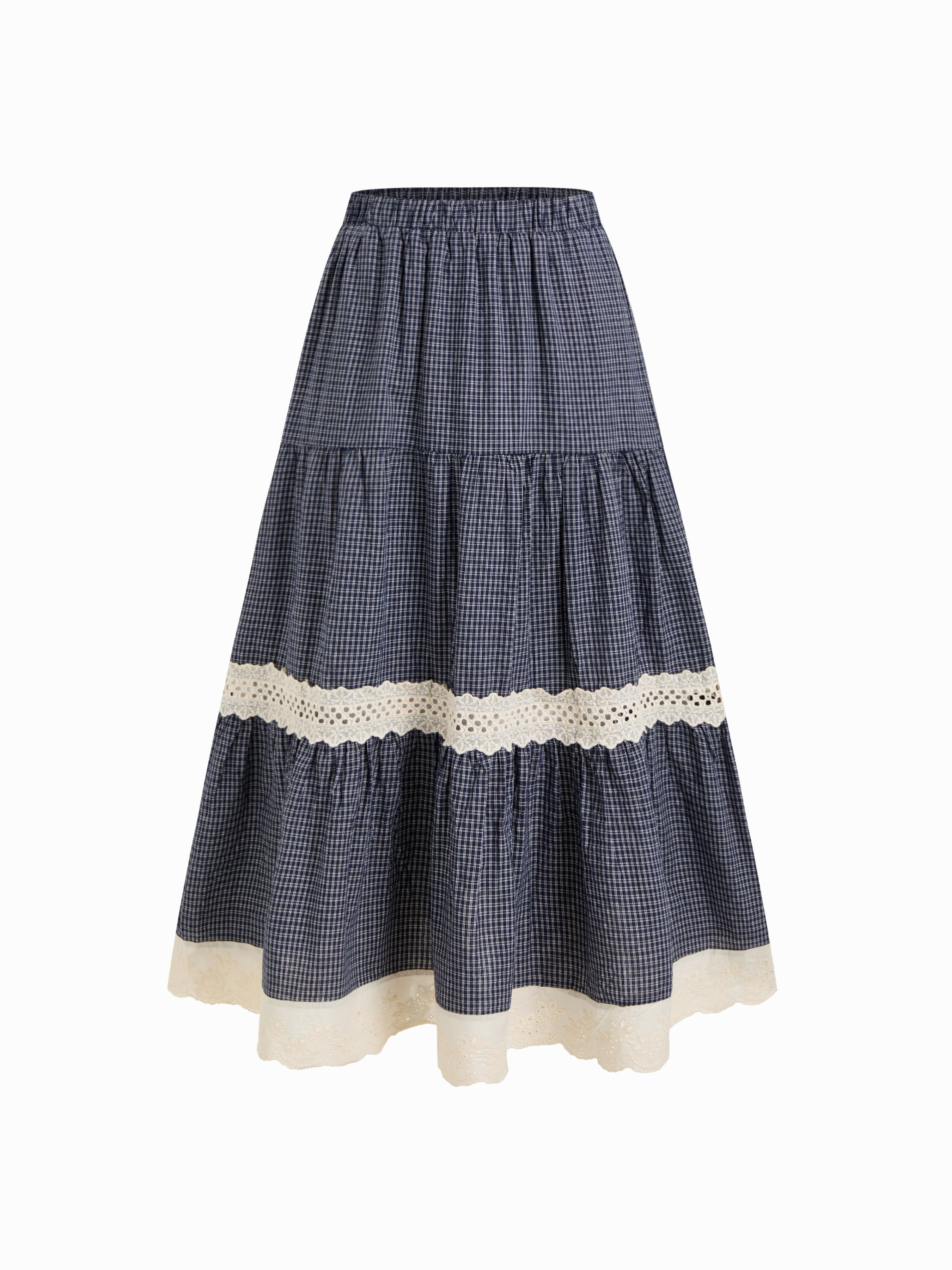 Cotton Mid Rise Checks Lace Trim Tiered Ruffle Maxi Skirt by CIDER