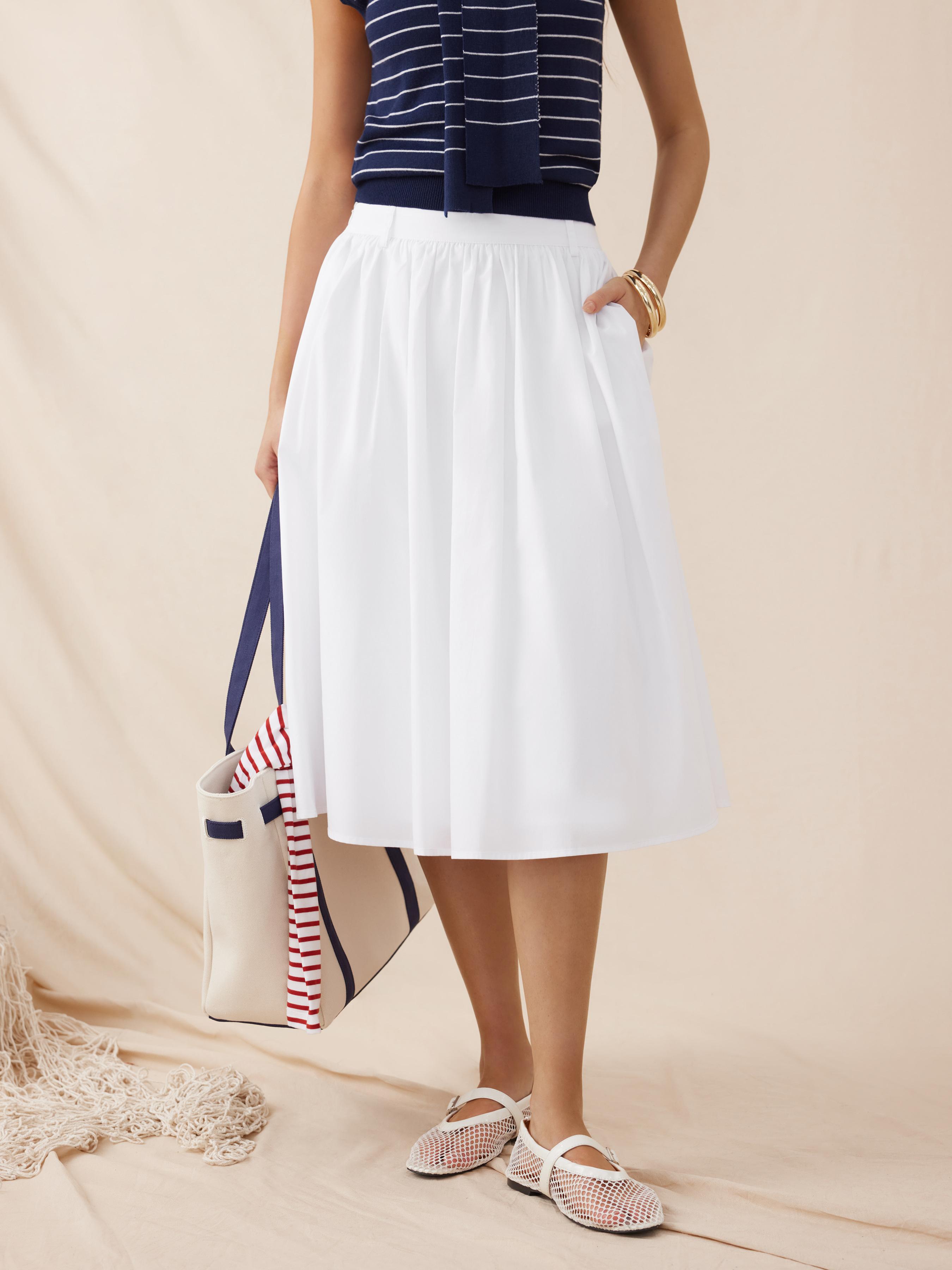 Cotton Mid Rise Draped Pleated Flared Midi Skirt by CIDER