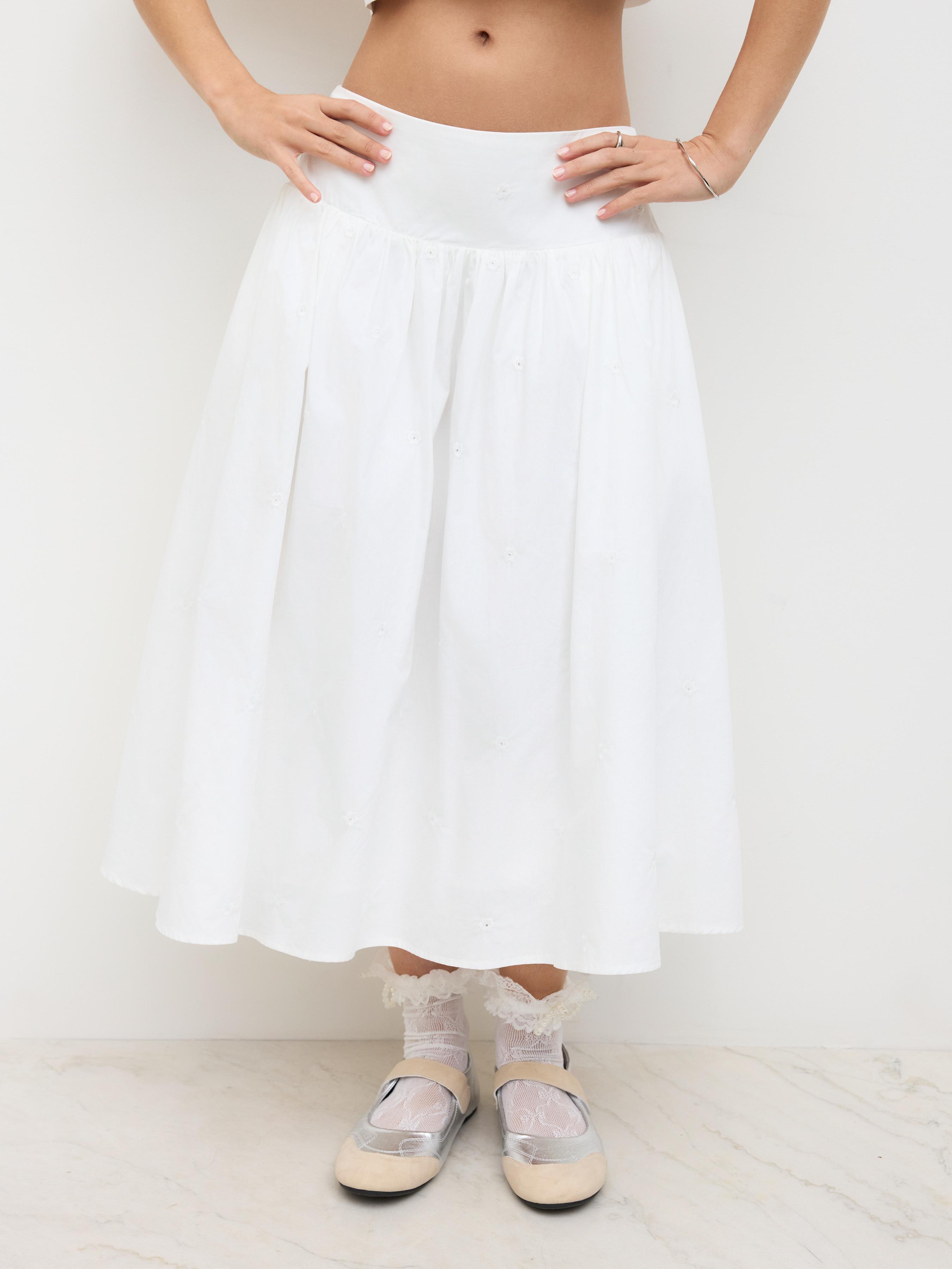 Cotton Mid Rise Floral Embroidery Midi Skirt by CIDER