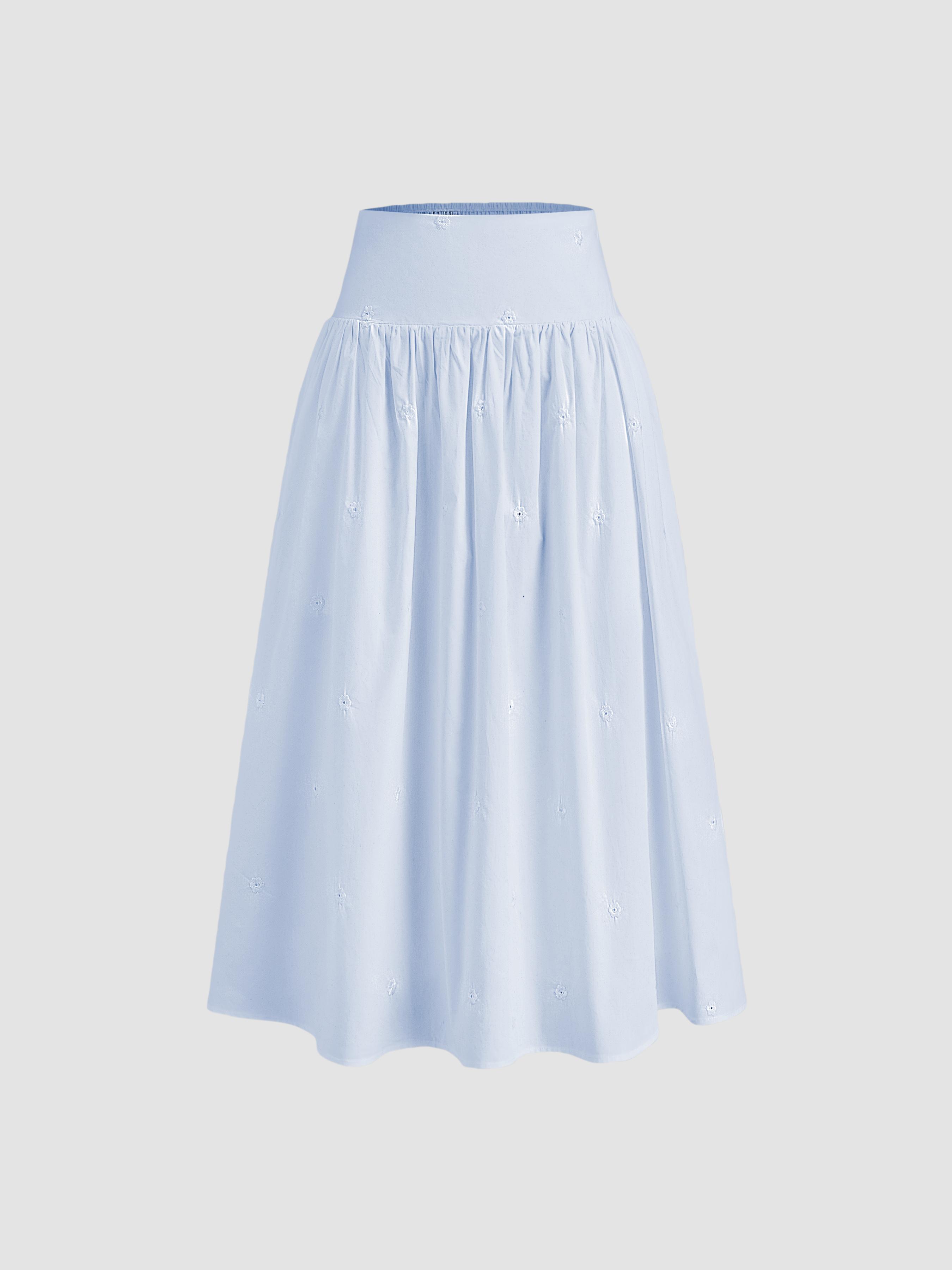 Cotton Mid Rise Floral Embroidery Midi Skirt by CIDER