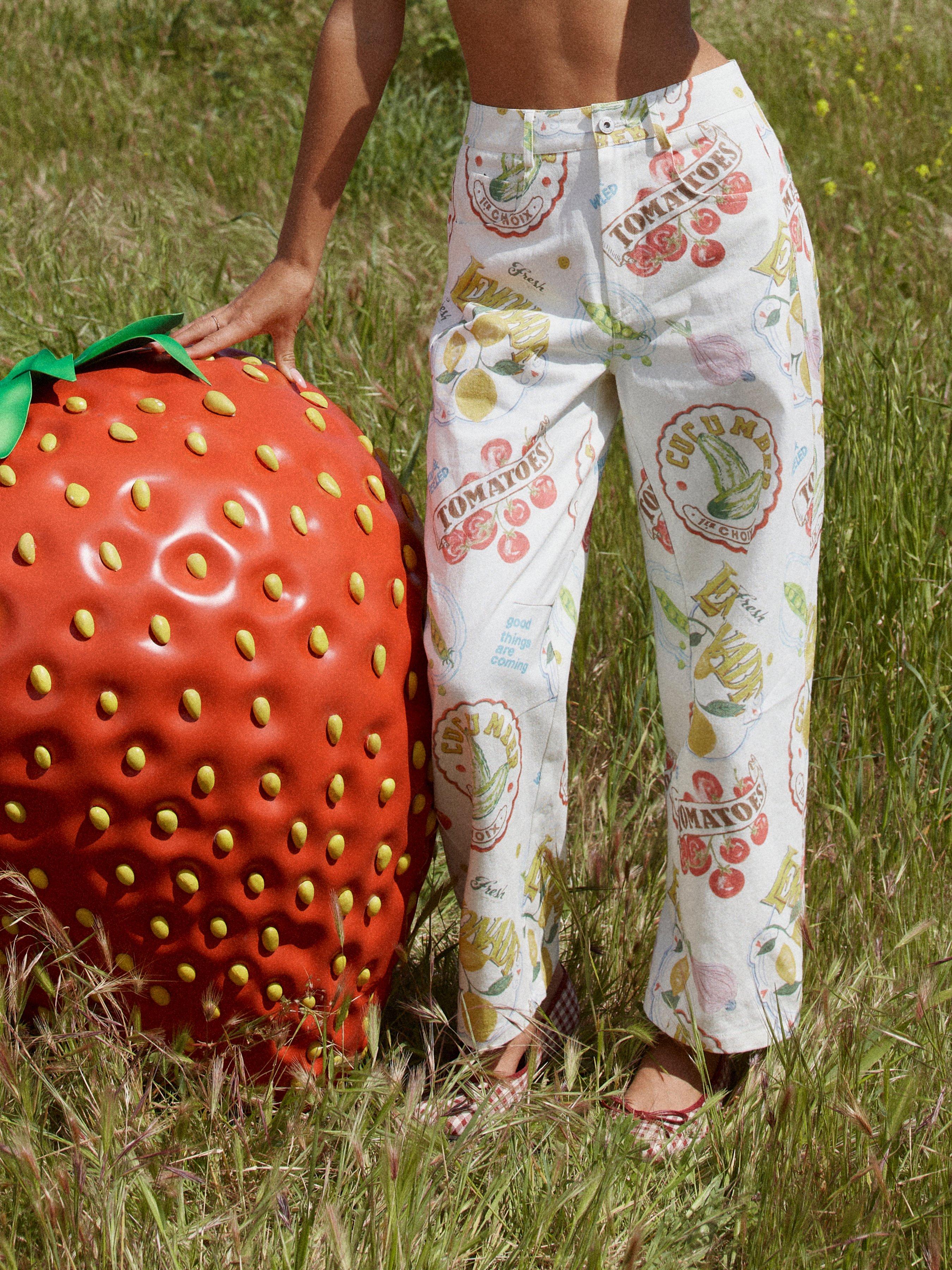 Cotton Mid Rise Fruit Cat Graphic Barrel-leg Trousers by CIDER