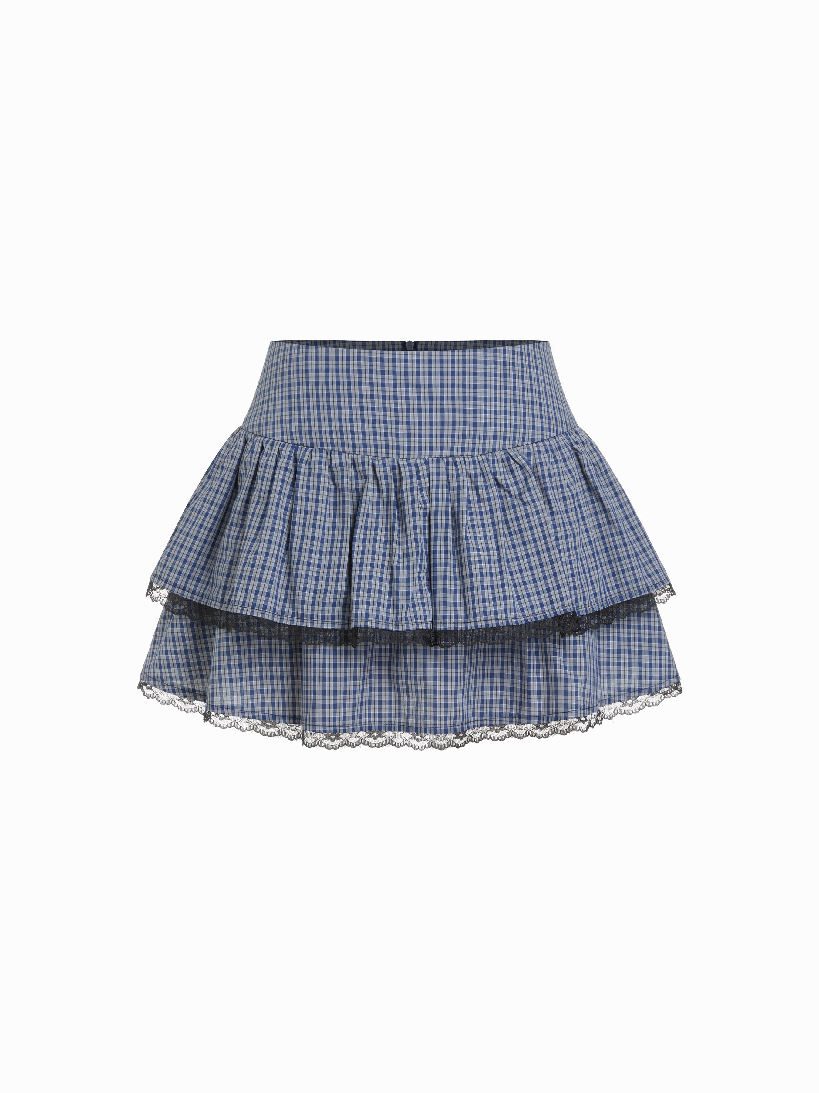 Cotton Mid Rise Lace Panel Gingham Tiered Mini Skirt by CIDER