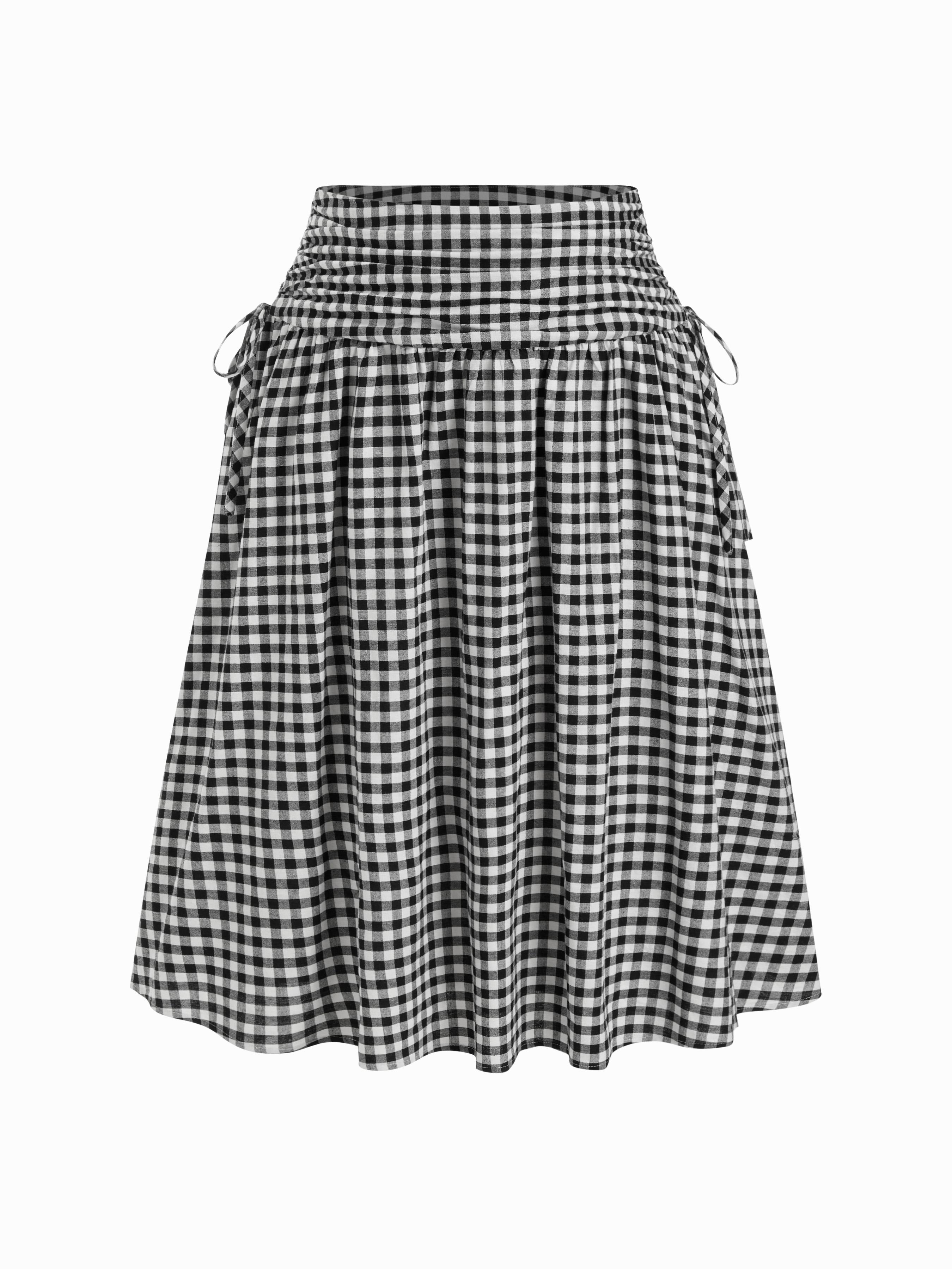 Cotton Mid Rise Plaid Bowknot Ruched Maxi Skirt Curve & Plus by CIDER